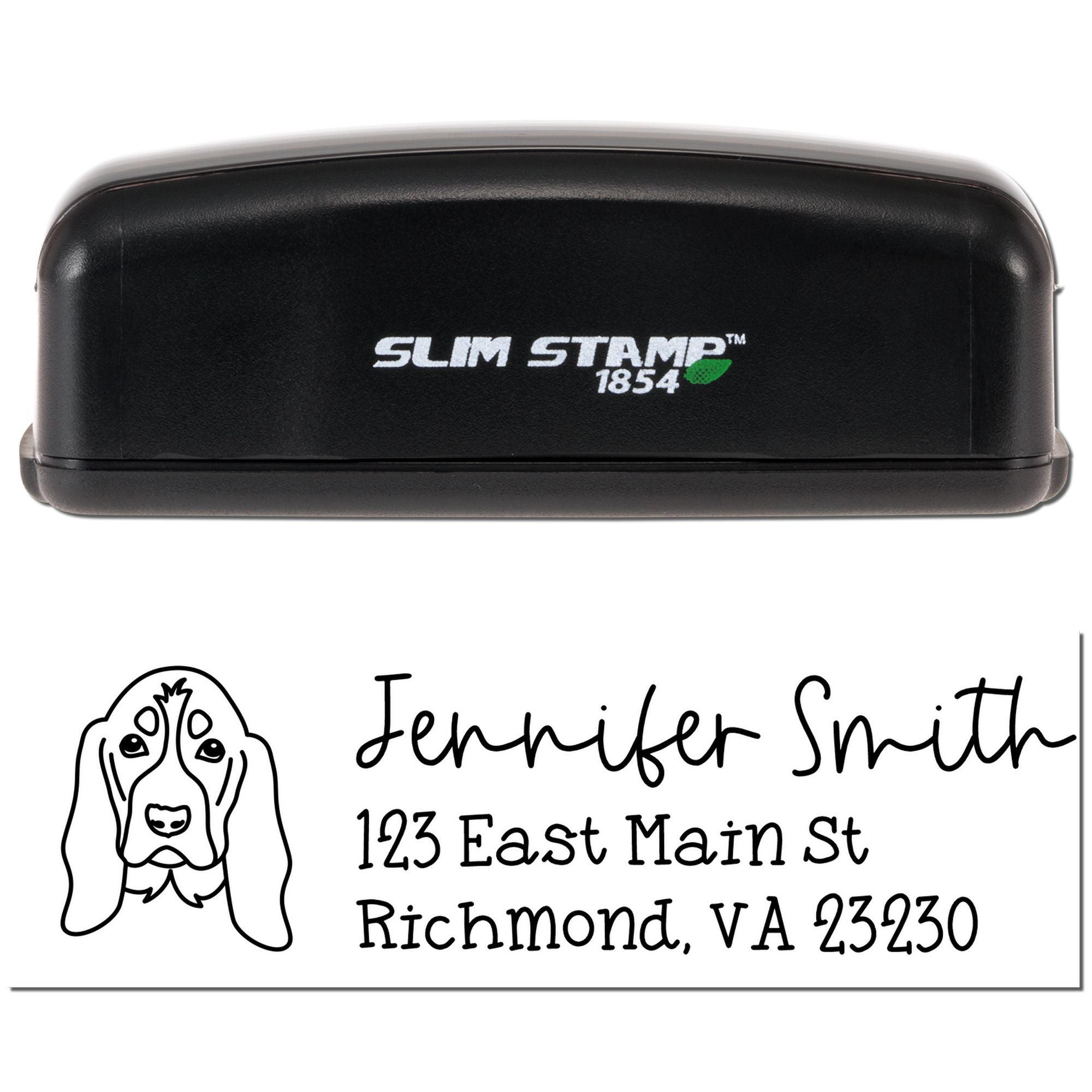 Slim Stamp 1854 custom return address rubber stamp with dog illustration for Jennifer Smith, Richmond, VA 23230.