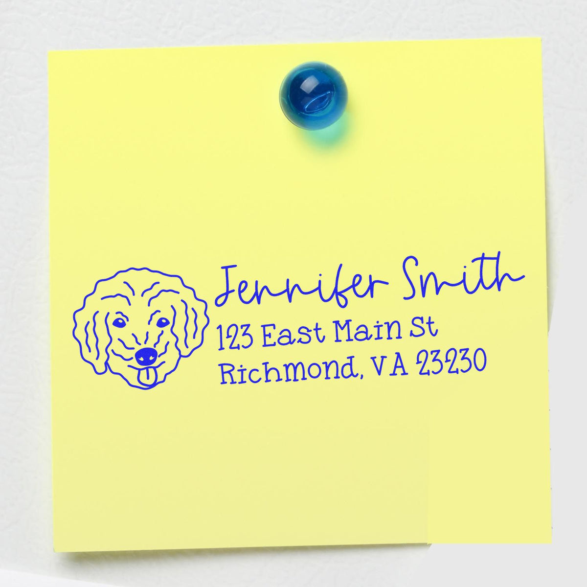 Personalized rubber address stamp with dog logo and return address for Jennifer Smith, Richmond, VA.