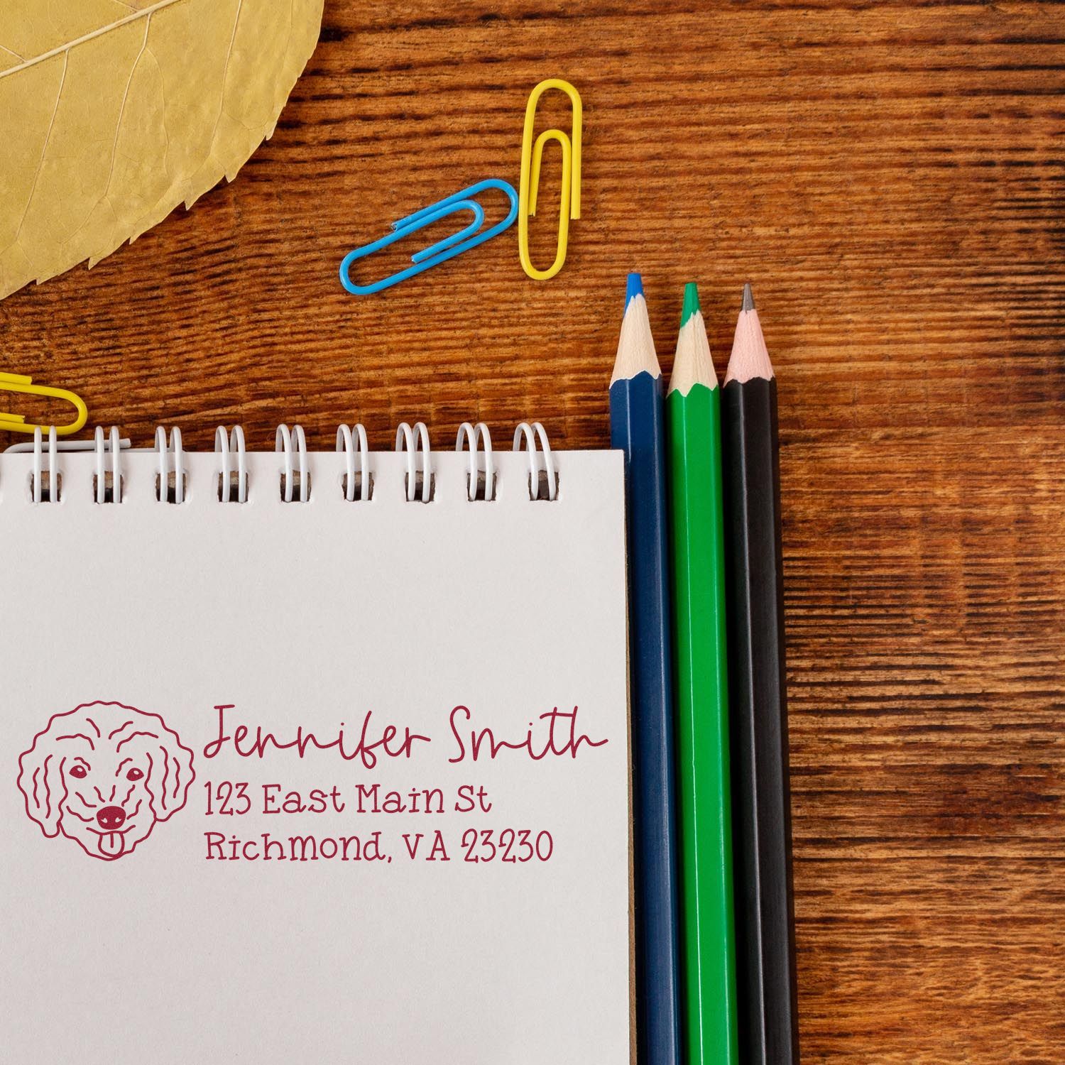 Personalized dog return address rubber stamp with name and Richmond, VA address on a notebook beside pencils and paperclips.