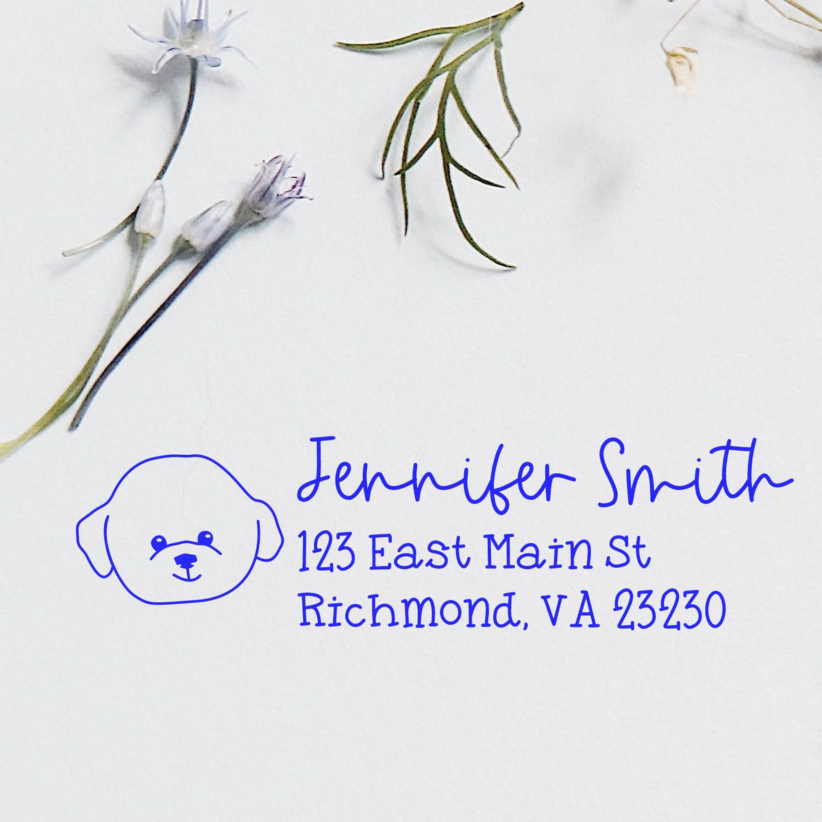 Custom return address rubber stamp with dog icon, Jennifer Smith, 123 East Main St, Richmond, VA 23230