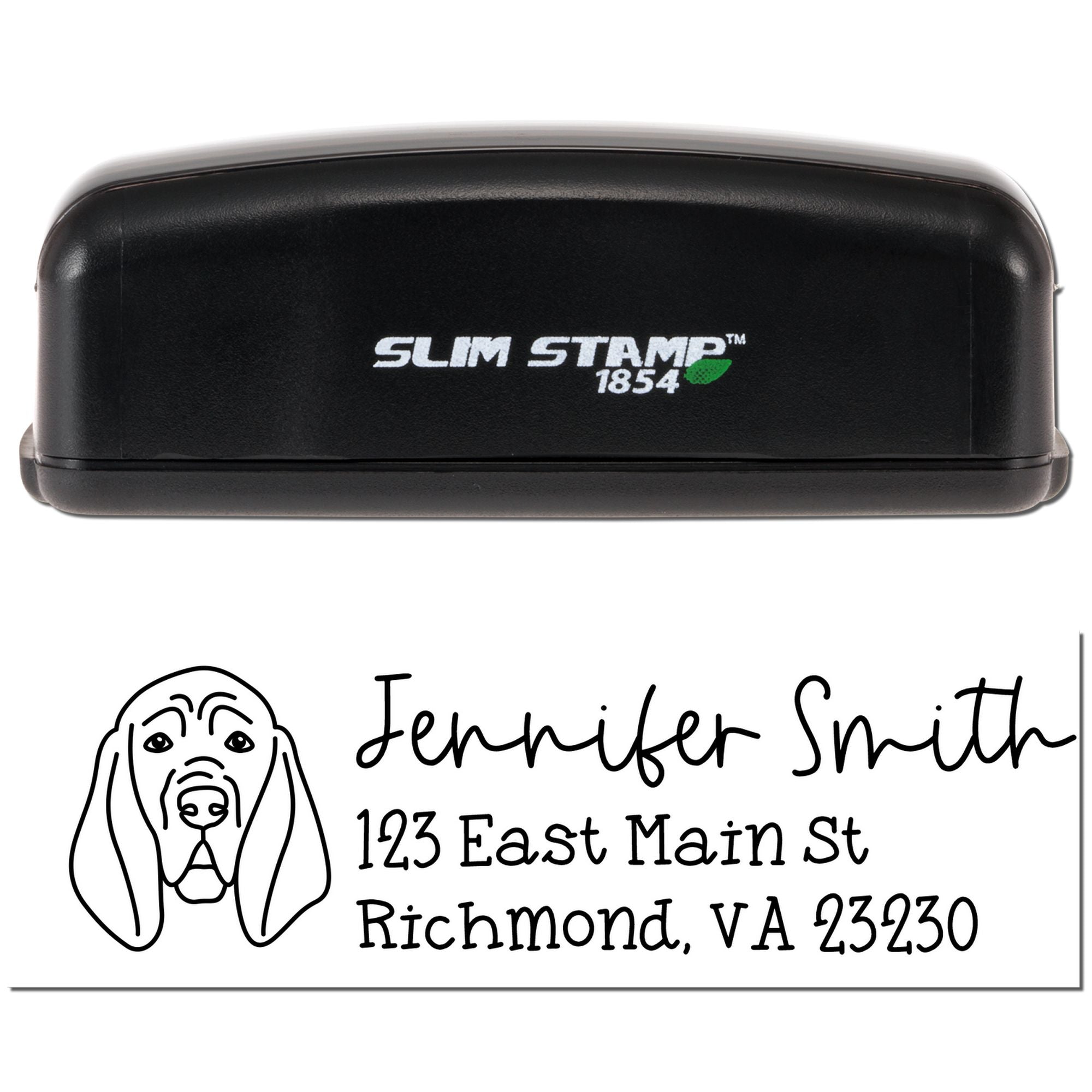 Slim Stamp 1854 custom address rubber stamp with dog logo for Jennifer Smith, Richmond, VA 23230