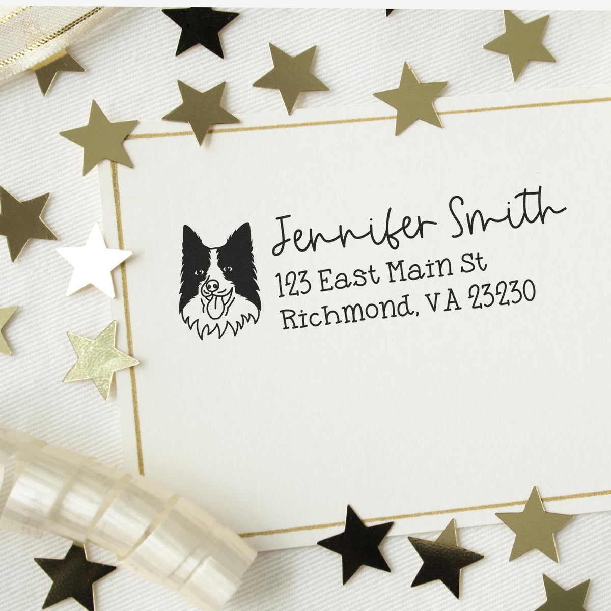 Custom dog address rubber stamp with border and stars, showing Jennifer Smiths name and Richmond, VA return address on envelope.
