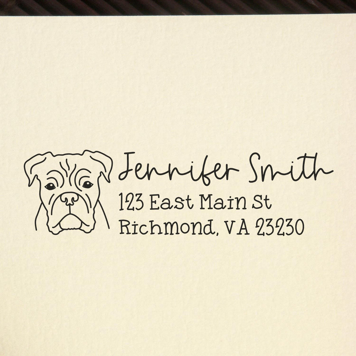 Personalized bulldog return address rubber stamp for Jennifer Smith, 123 East Main St, Richmond, VA 23230.