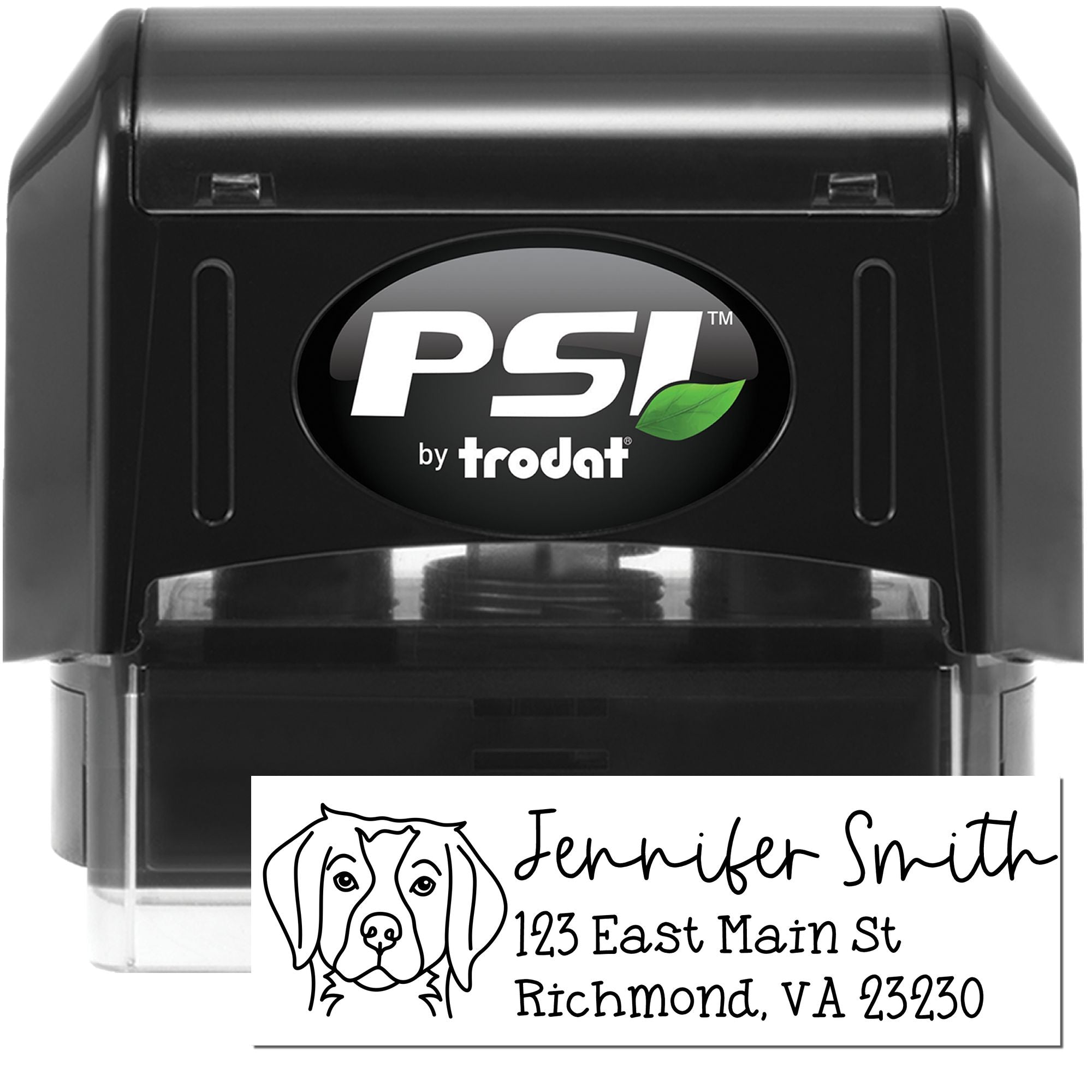 PSI by Trodat self-inking rubber stamp with custom dog return address stamp for Jennifer Smith, Richmond, VA.