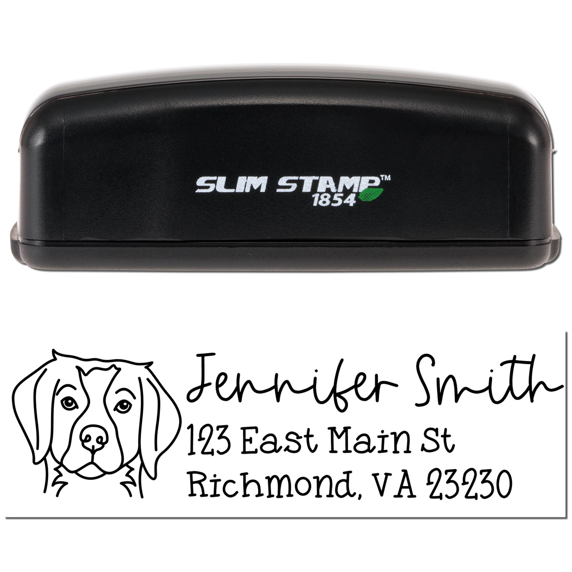 Slim Stamp 1854 custom rubber address stamp with dog illustration and Jennifer Smith return address for envelopes.
