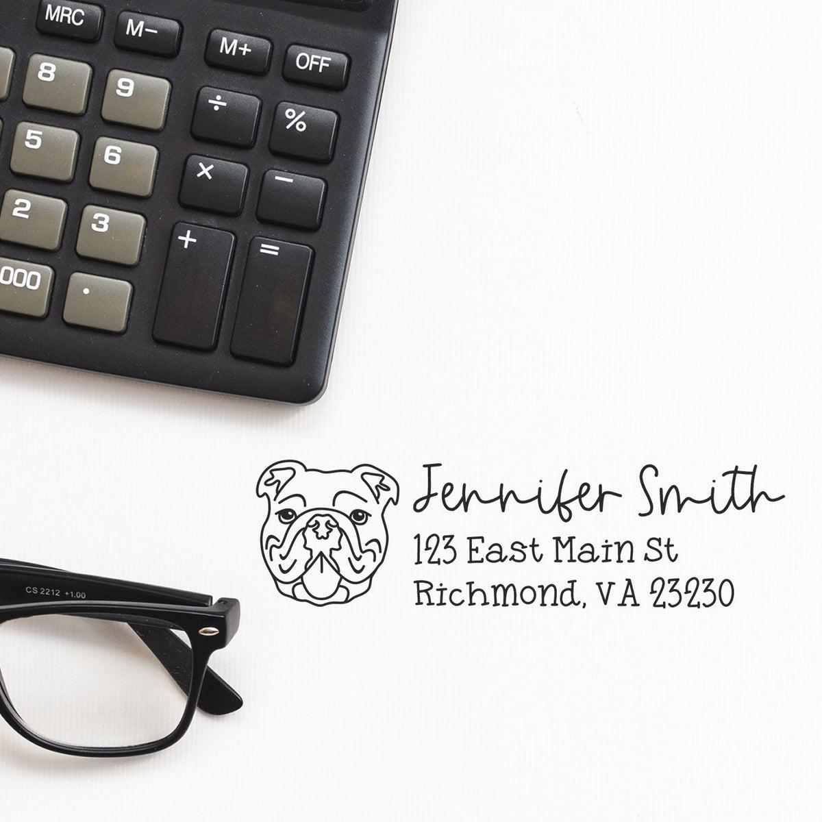 Custom bulldog address rubber stamp with name and Richmond, VA address for mailing envelopes and business correspondence.