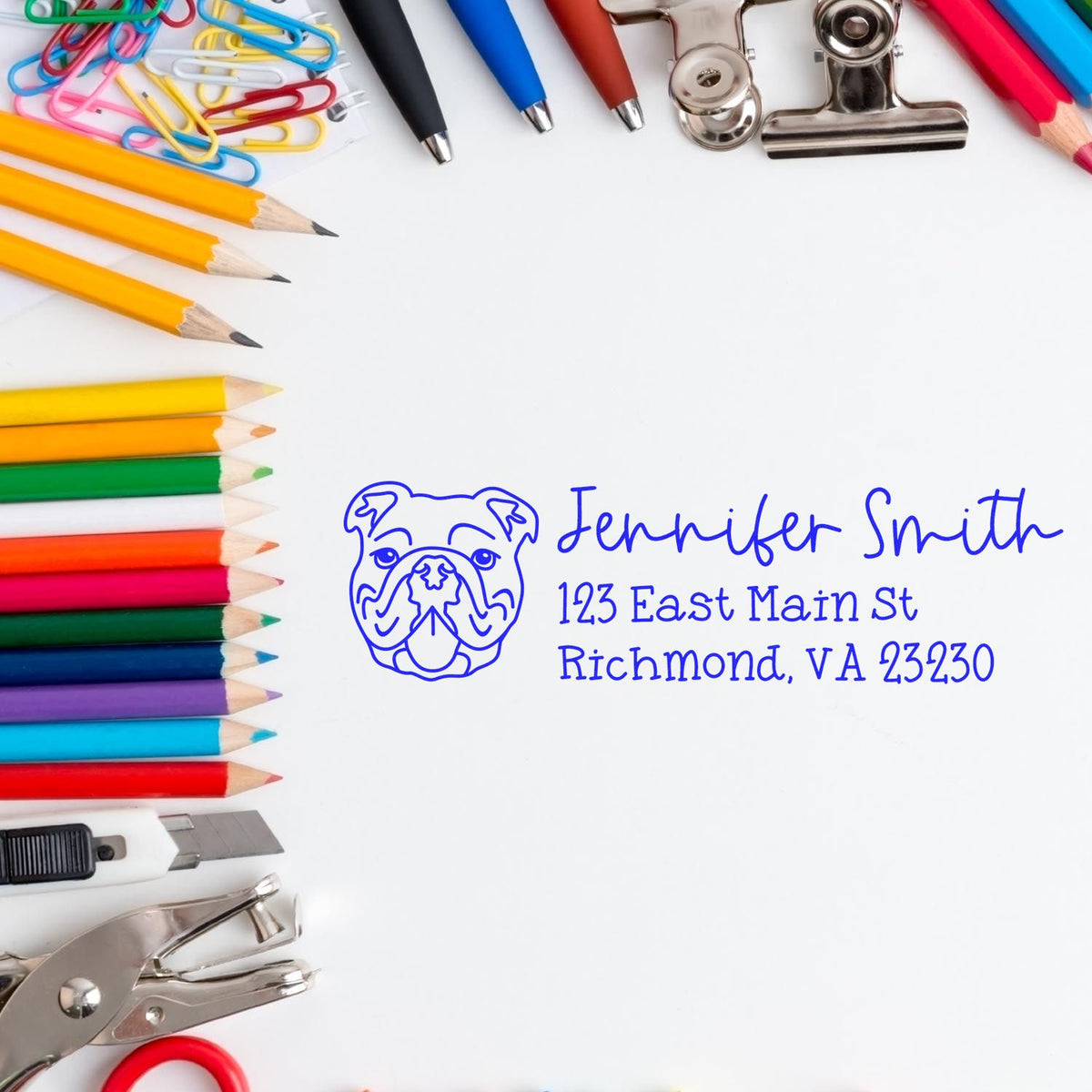 Custom bulldog return address rubber stamp for personal stationery, featuring name and Richmond, VA mailing address.