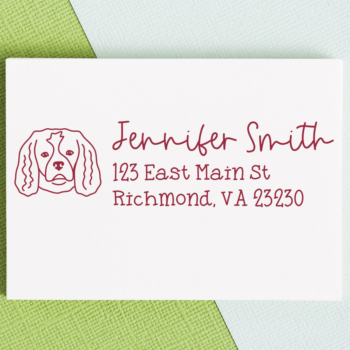 Custom rubber address stamp with dog portrait, Jennifer Smith, and Richmond, VA return address.