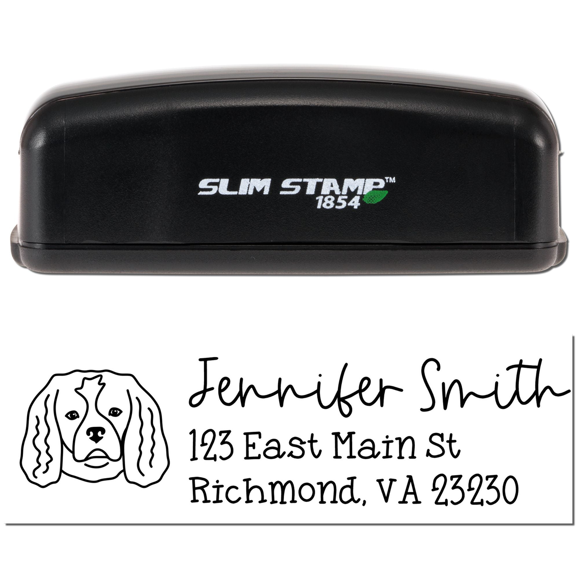 Custom self-inking rubber stamp with dog logo and address for Jennifer Smith, Richmond, VA.