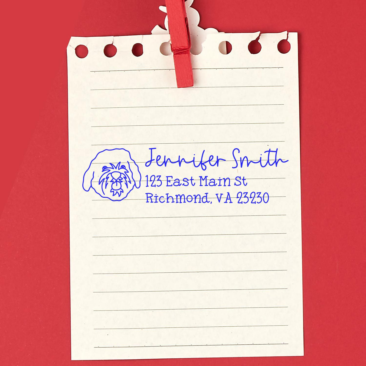 Personalized return address rubber stamp with lion logo and Jennifer Smith address, Richmond, VA