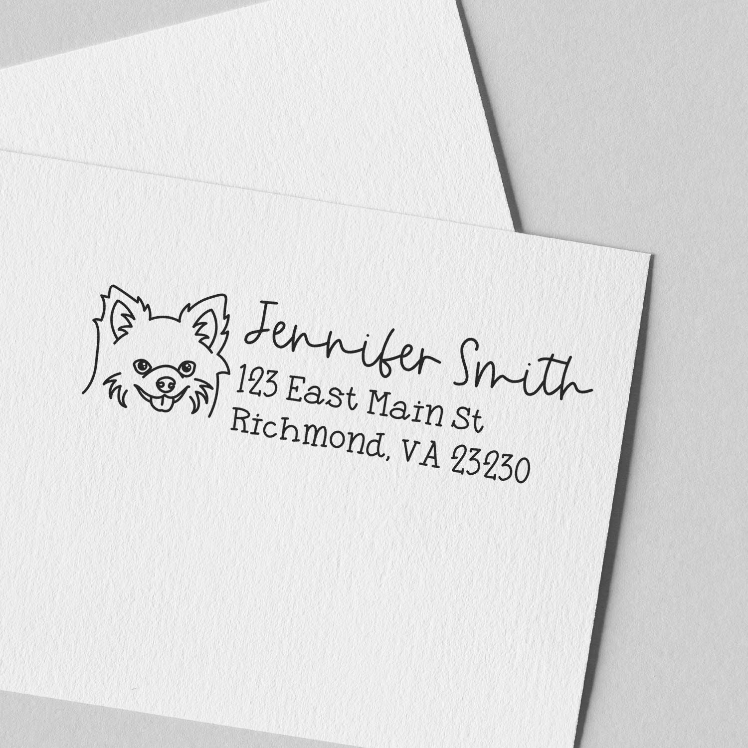 Custom dog return address rubber stamp with Jennifer Smith name and Richmond, VA address for personalized envelopes.