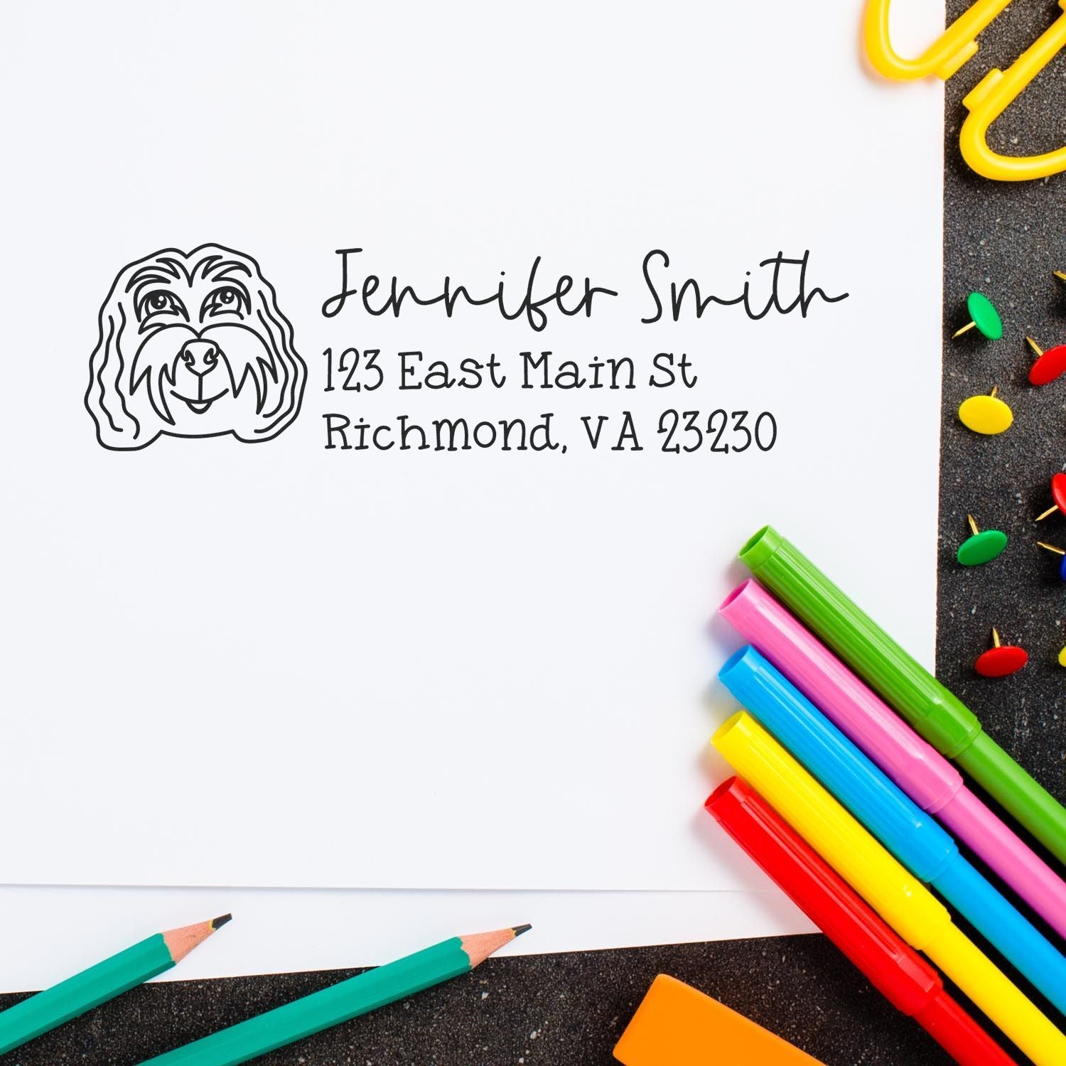 Custom dog return address rubber stamp with name and Richmond, VA address for envelopes, stationery, and mailing labels.