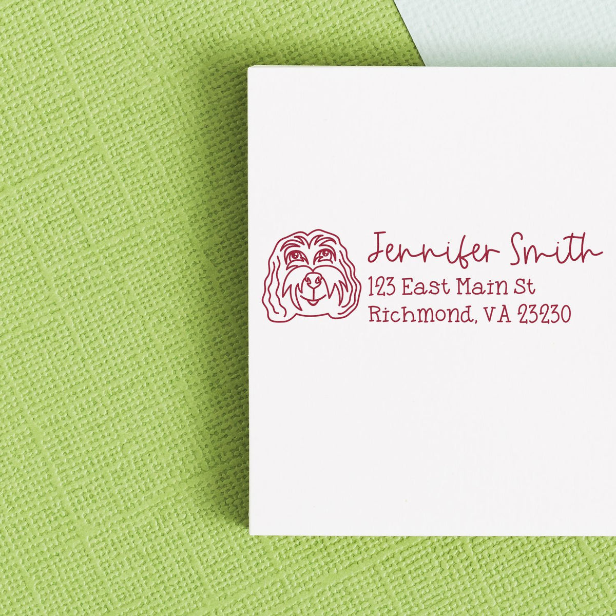 Custom dog return address rubber stamp with name and mailing address for personalized envelopes and stationery.