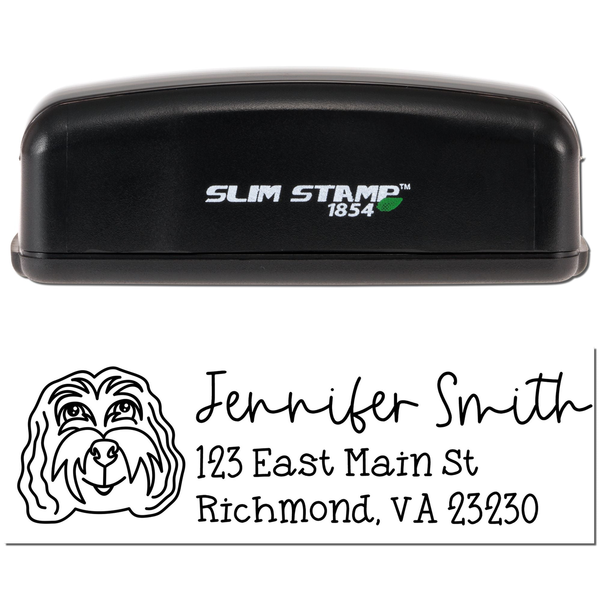 Custom Slim Stamp 1854 self-inking address rubber stamp with dog logo for Jennifer Smith, Richmond, VA return mailing address.
