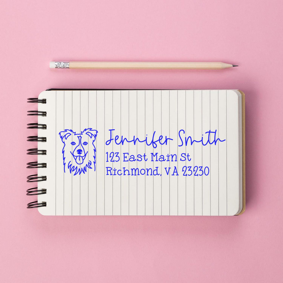 Personalized dog rubber address stamp sample with Jennifer Smith name and Richmond, VA address.
