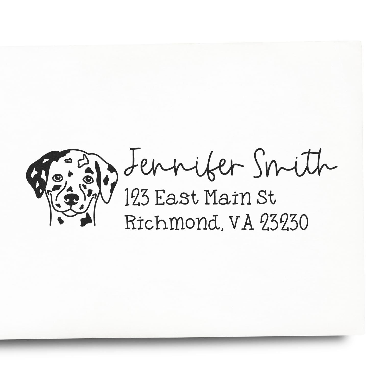 Personalized Dalmatian address rubber stamp with Jennifer Smith, 123 East Main St, Richmond, VA 23230 for custom mailings.