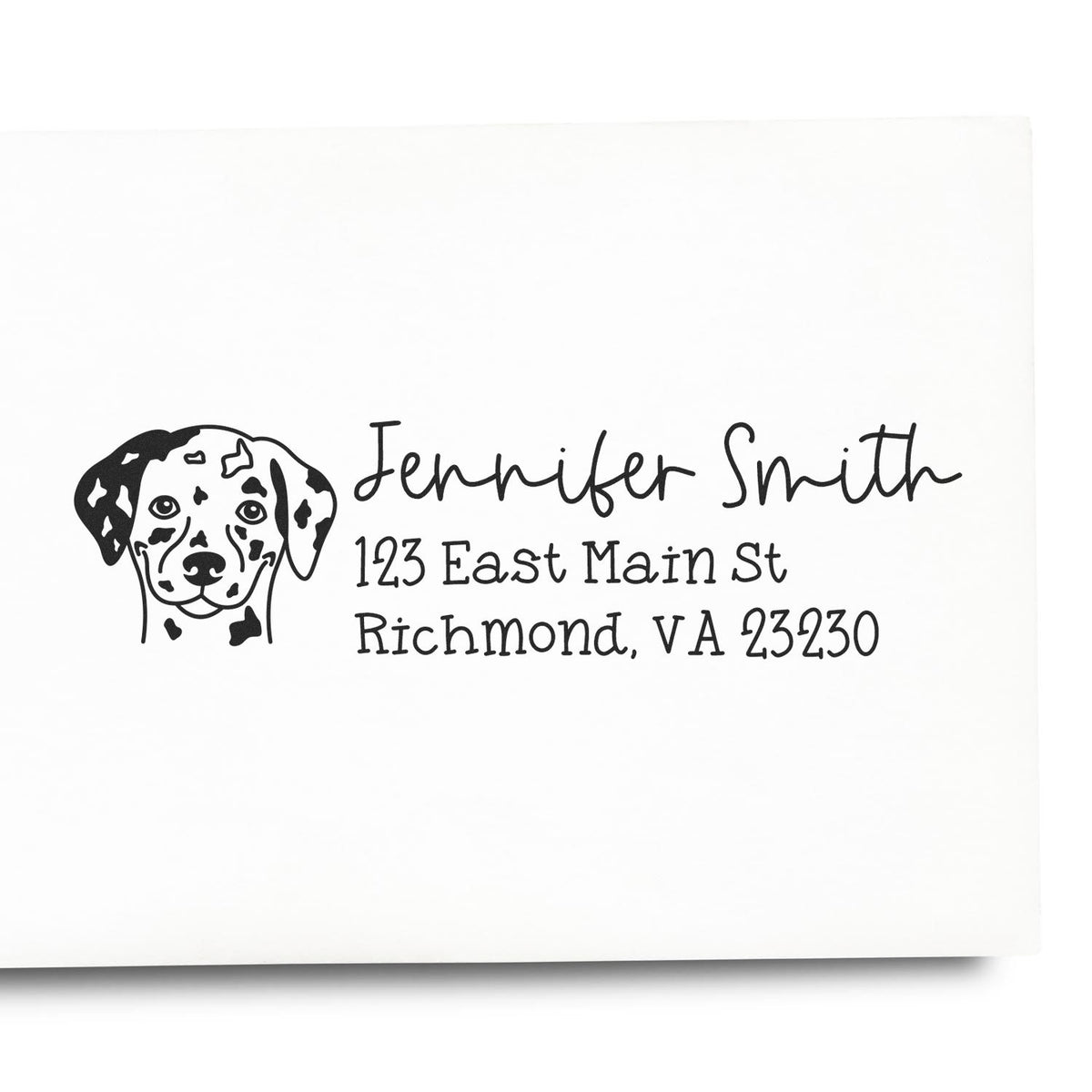 Custom Dalmatian return address rubber stamp with name and Richmond, VA address for personalized pet-themed mail.