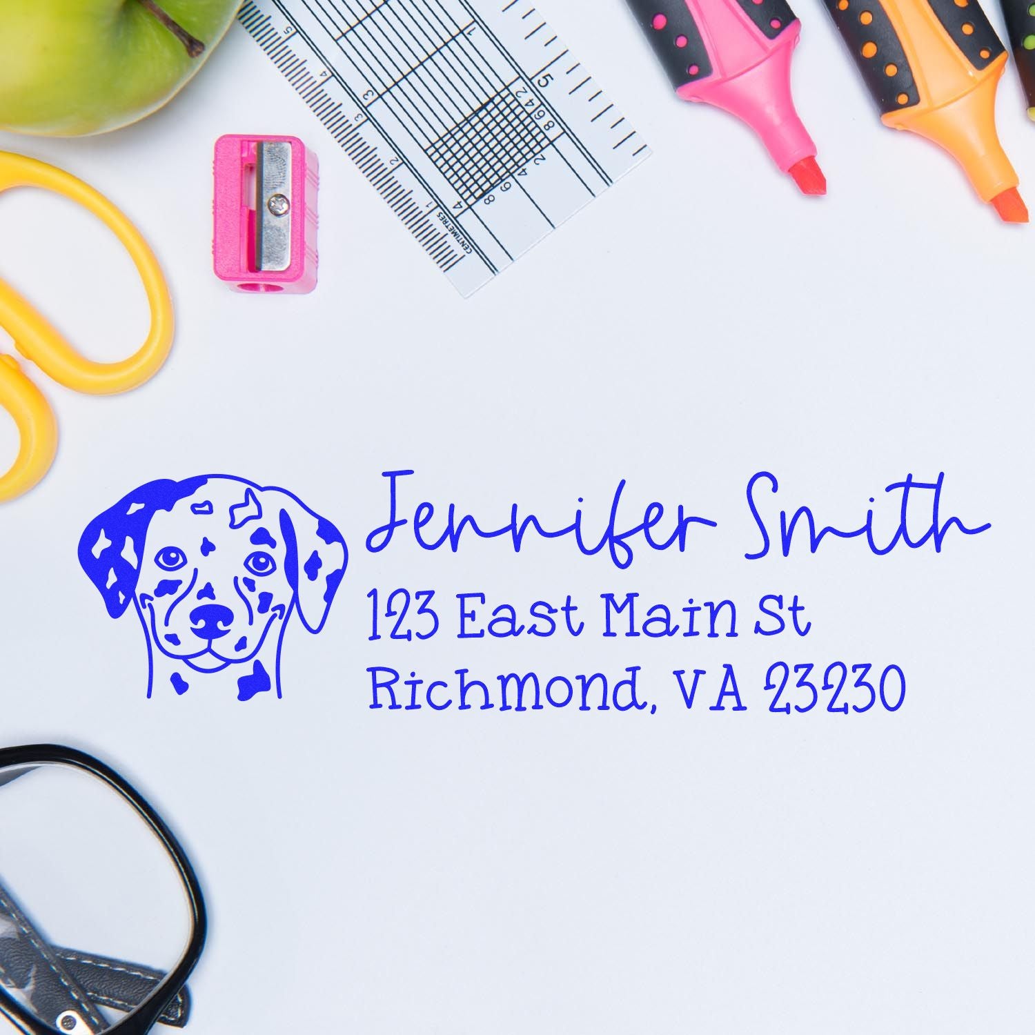 Personalized rubber address stamp with dog logo for Jennifer Smith, printed in blue ink.