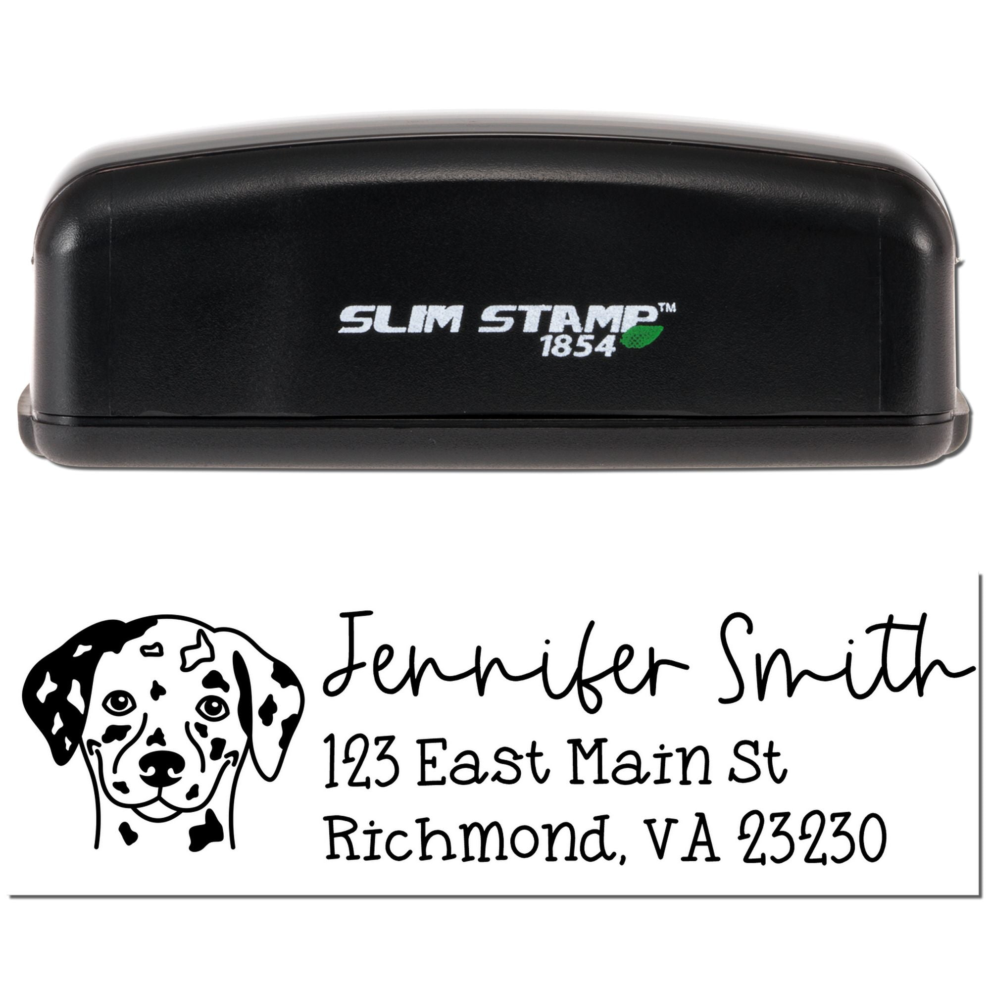 Custom Slim Stamp 1854 rubber address stamp with dog logo and Jennifer Smith return address for personalized mailing.
