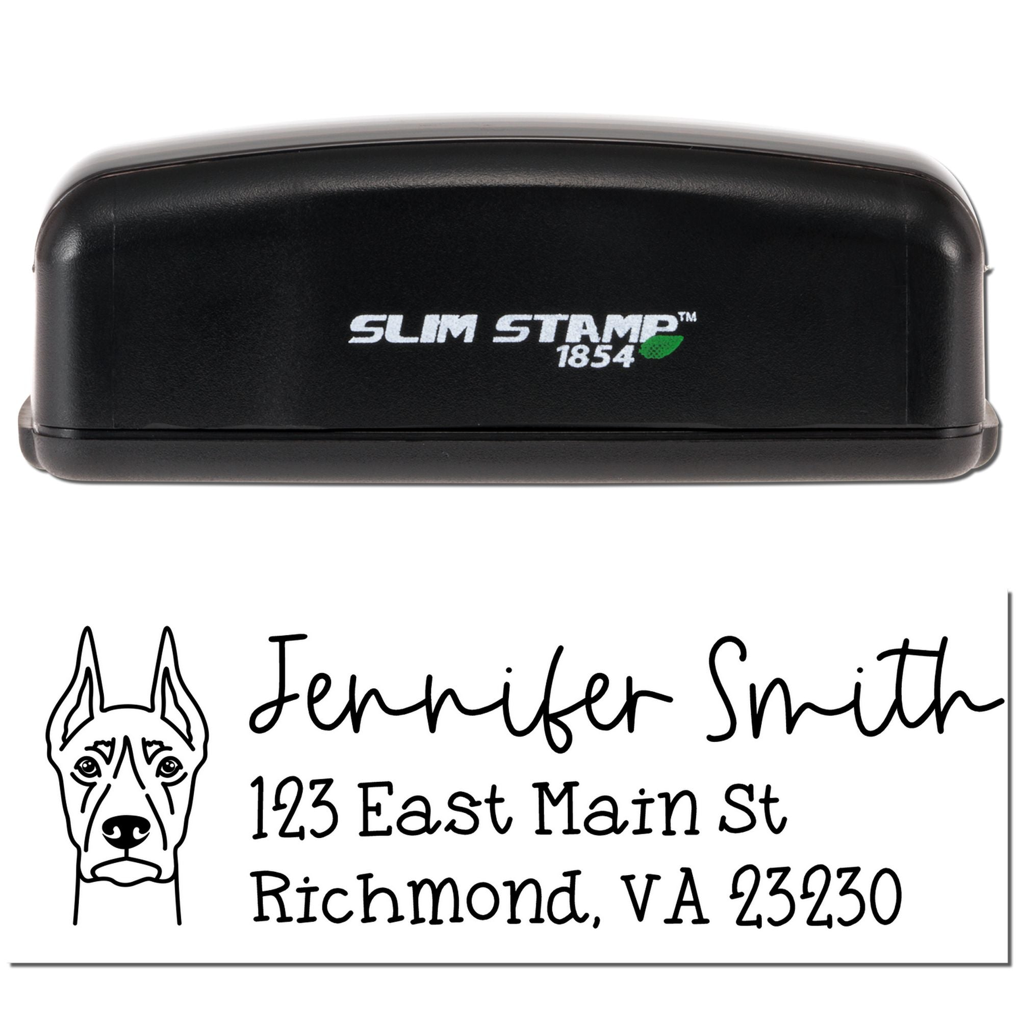 Slim Stamp 1854 self-inking rubber address stamp with dog portrait, custom name, and Richmond, VA mailing imprint