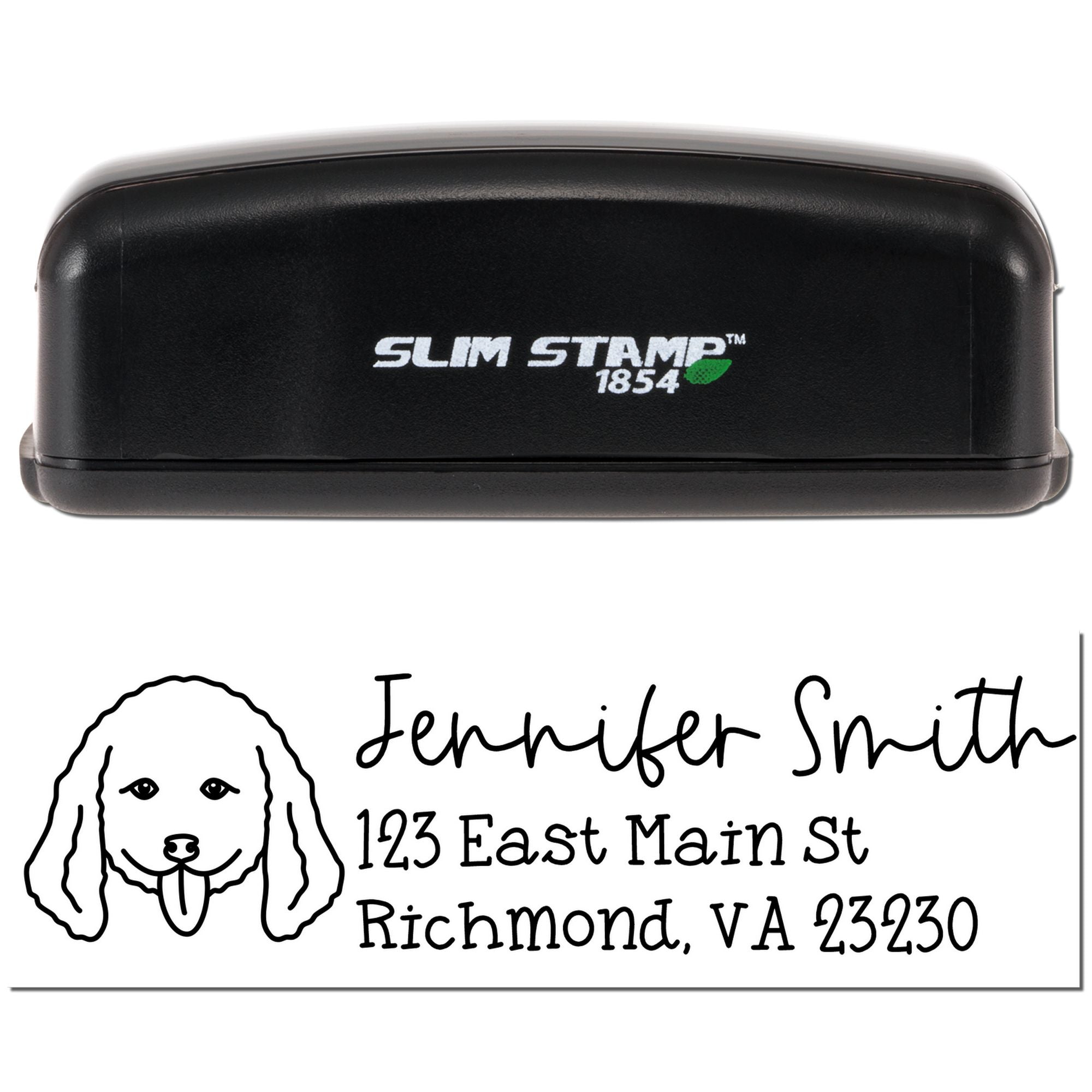 Custom self-inking rubber address stamp with dog logo, Jennifer Smith name, and Richmond, VA return address.