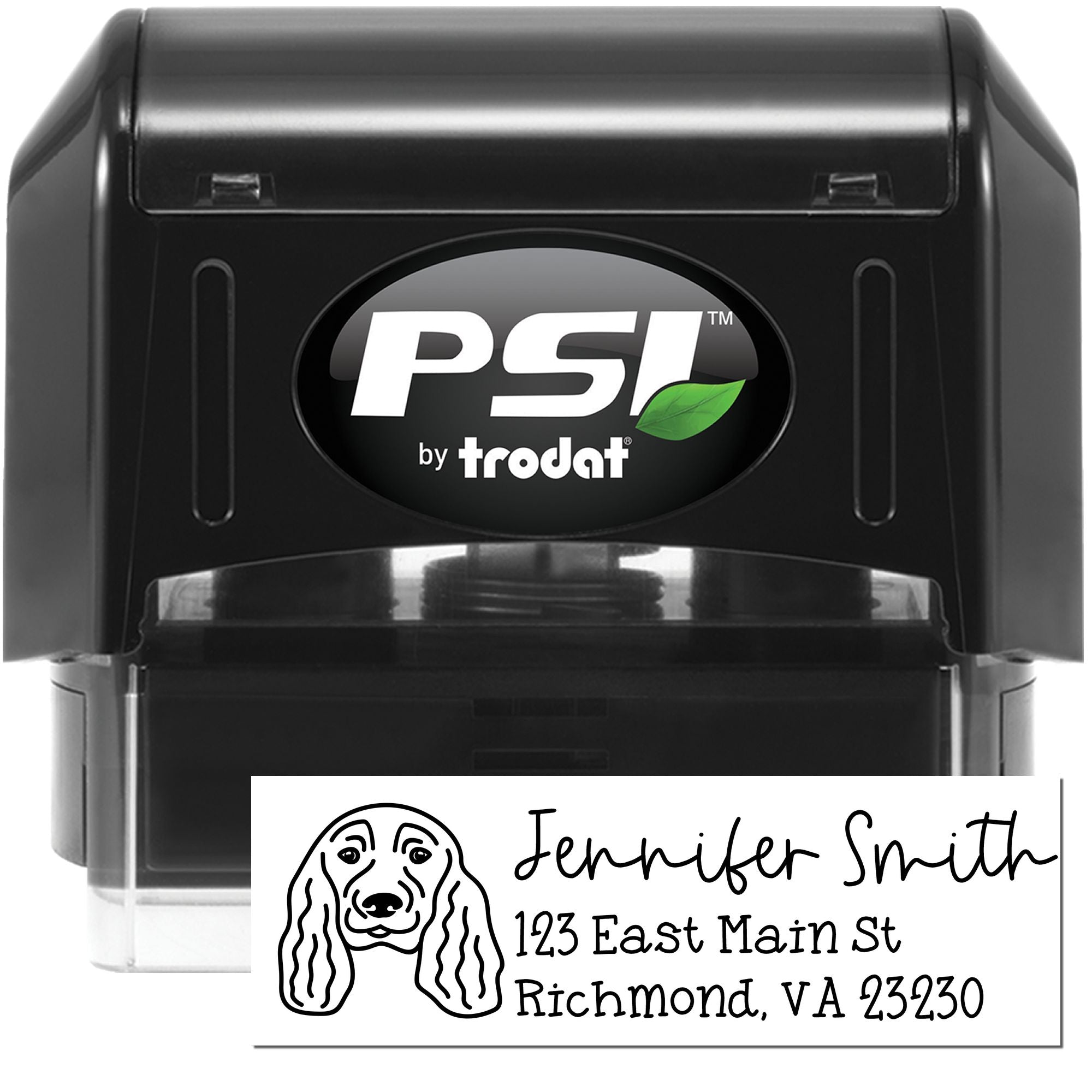 PSI by Trodat self-inking custom address rubber stamp with dog illustration for Jennifer Smith, Richmond, VA.