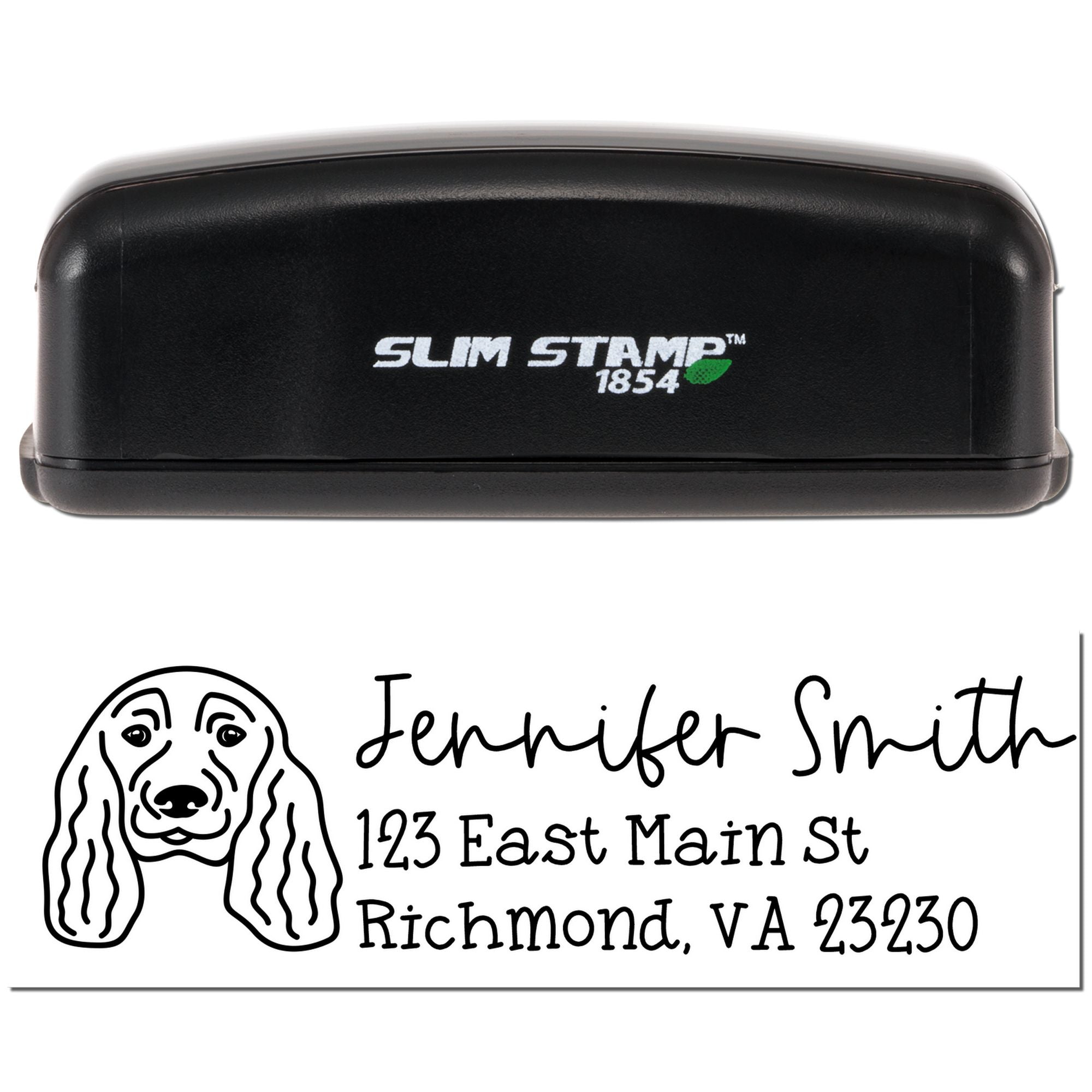 Custom self-inking address rubber stamp with dog portrait for Jennifer Smith, Richmond, VA 23230.