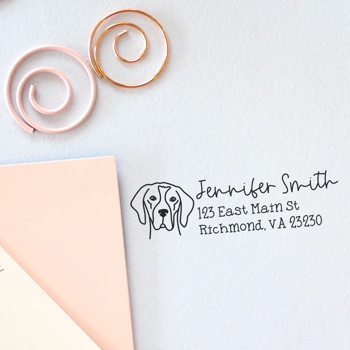 Custom dog return address rubber stamp on envelope with personalized name and Richmond, VA mailing details.