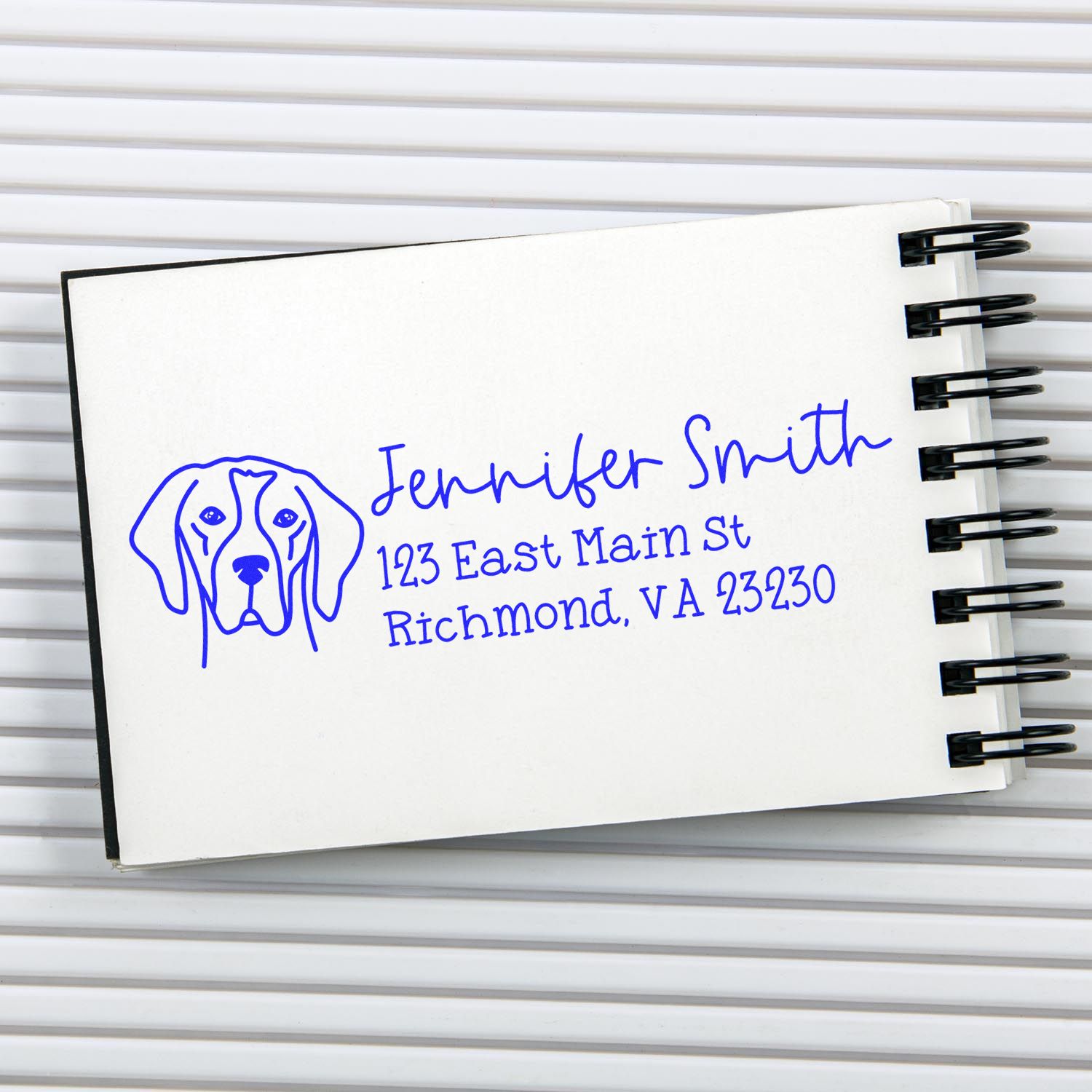 Custom dog logo address stamp for Jennifer Smith, featuring name and Richmond, VA address.