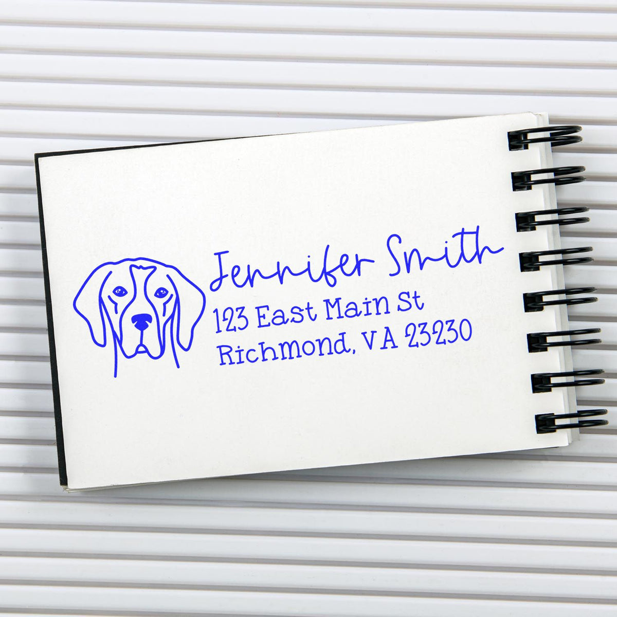 Custom dog address stamp for mailing, featuring Jennifer Smith, Richmond VA address, and pet portrait.