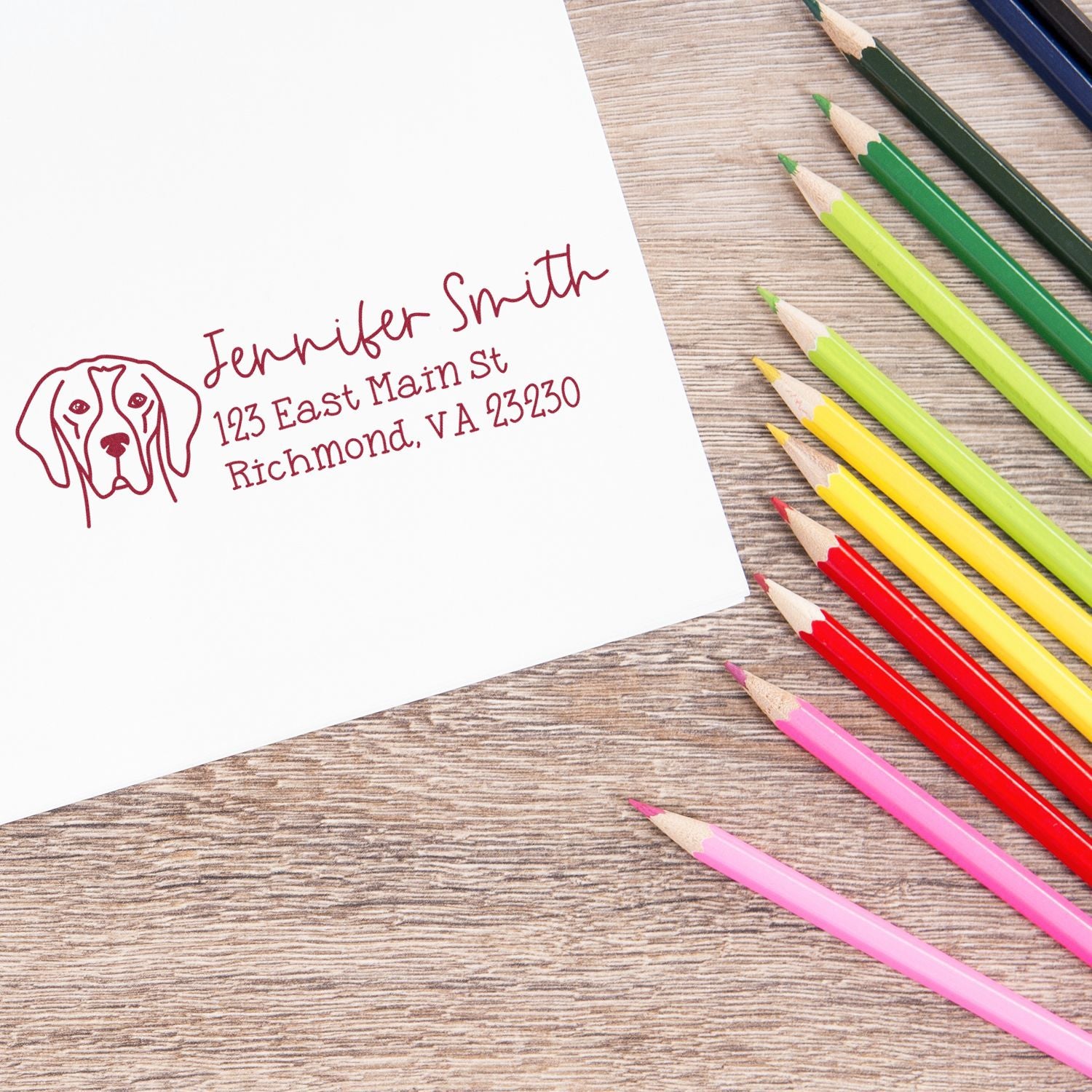 Custom dog return address rubber stamp for Jennifer Smith, Richmond, VA stationery.
