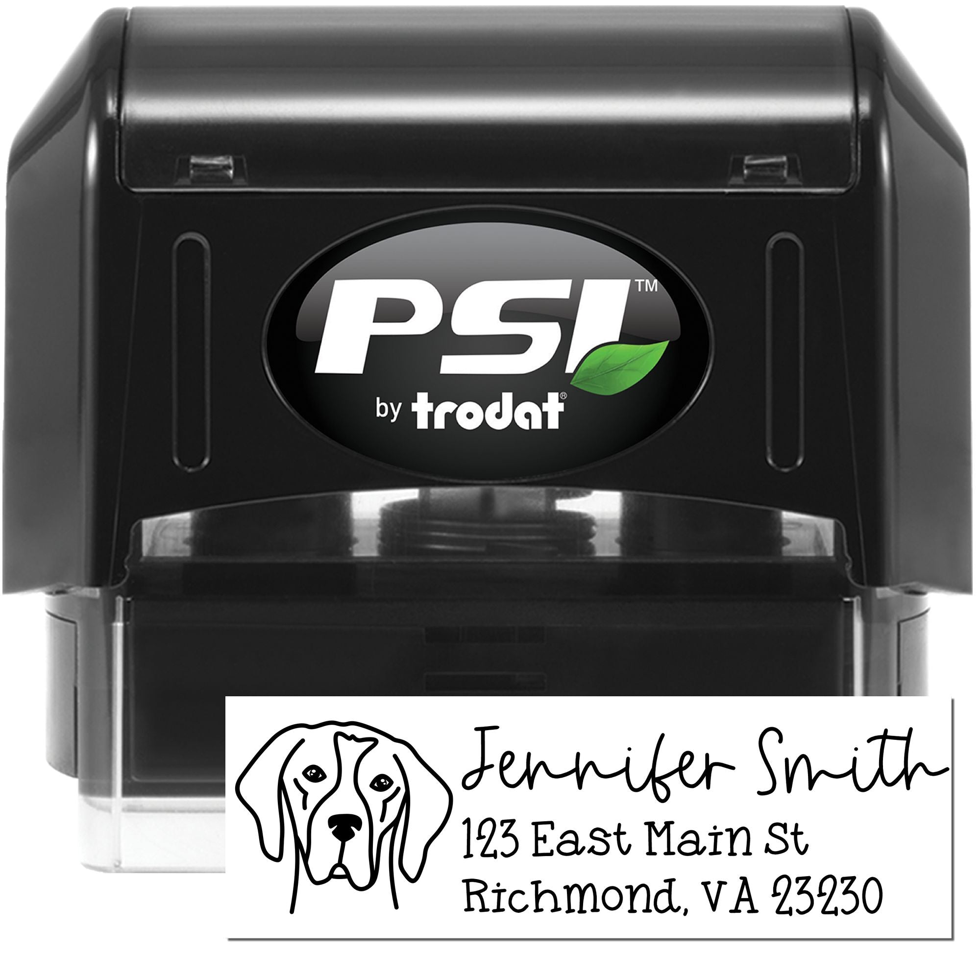Custom self-inking PSI by Trodat rubber address stamp with dog illustration and Jennifer Smith return address in Richmond, VA.
