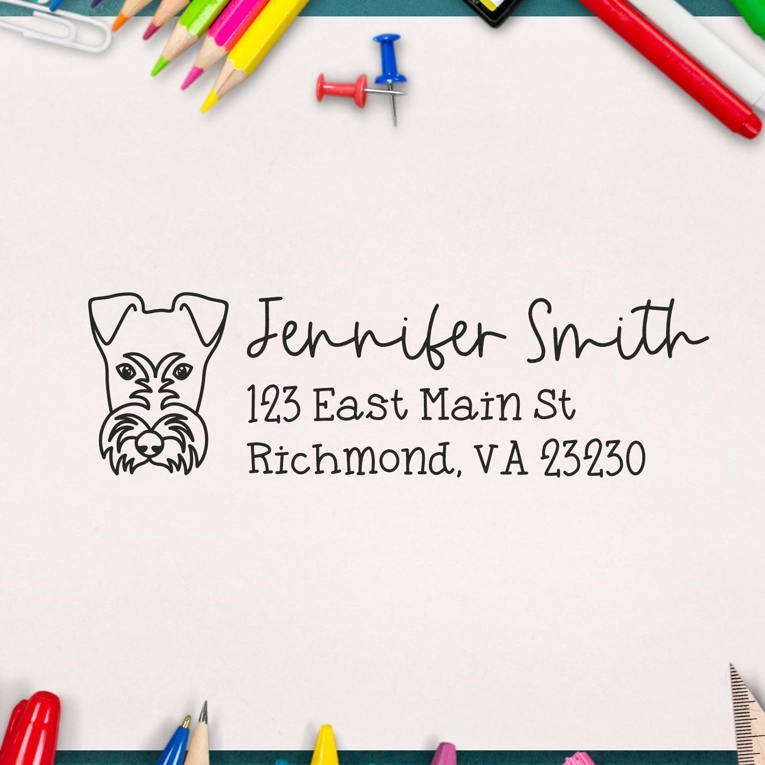 Custom return address rubber stamp with dog logo for Jennifer Smith, showing name and Richmond, VA address.