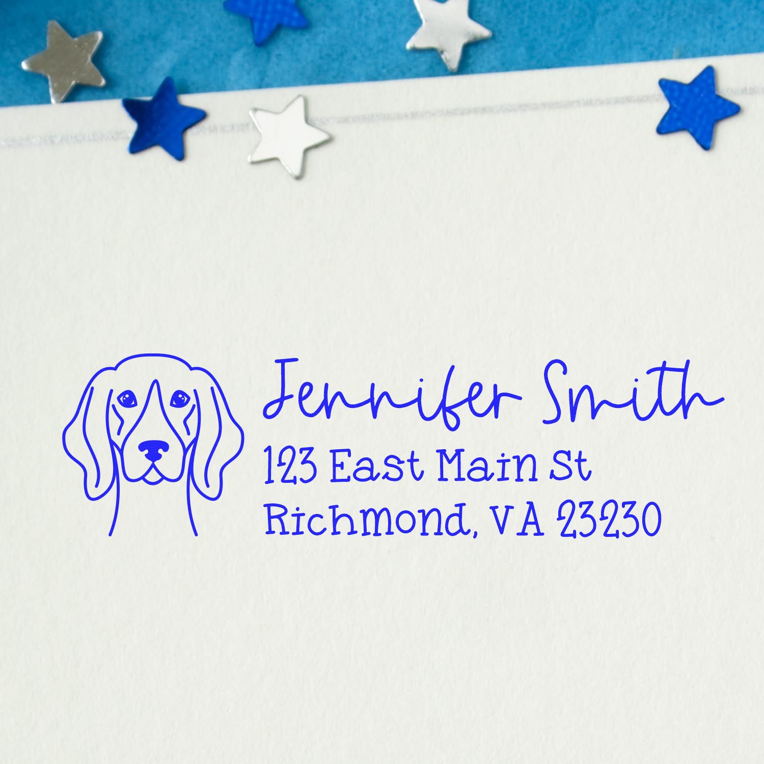 Custom dog address stamp for Jennifer Smith, with hound illustration and Richmond, VA return address.
