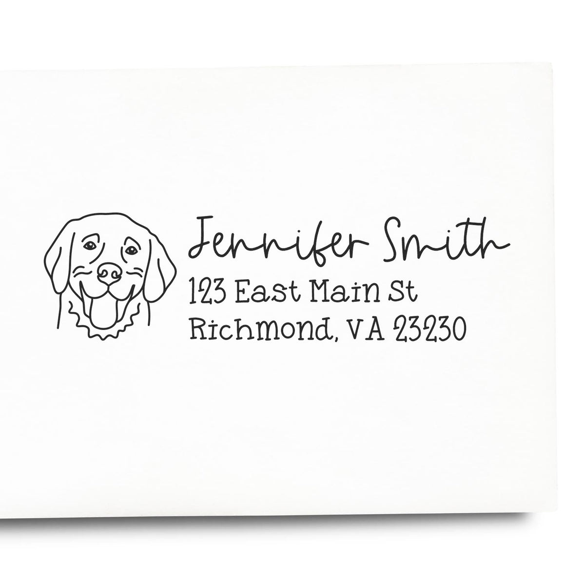 Custom dog return address rubber stamp with name and Richmond, VA mailing address for pet lovers.