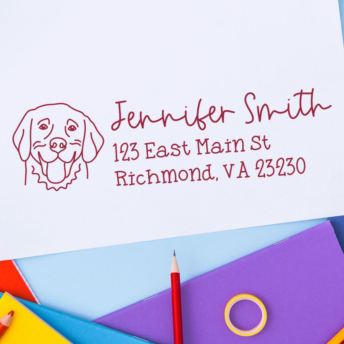 Custom dog return address rubber stamp for Jennifer Smith, Richmond, VA, printed on paper with colorful stationery.