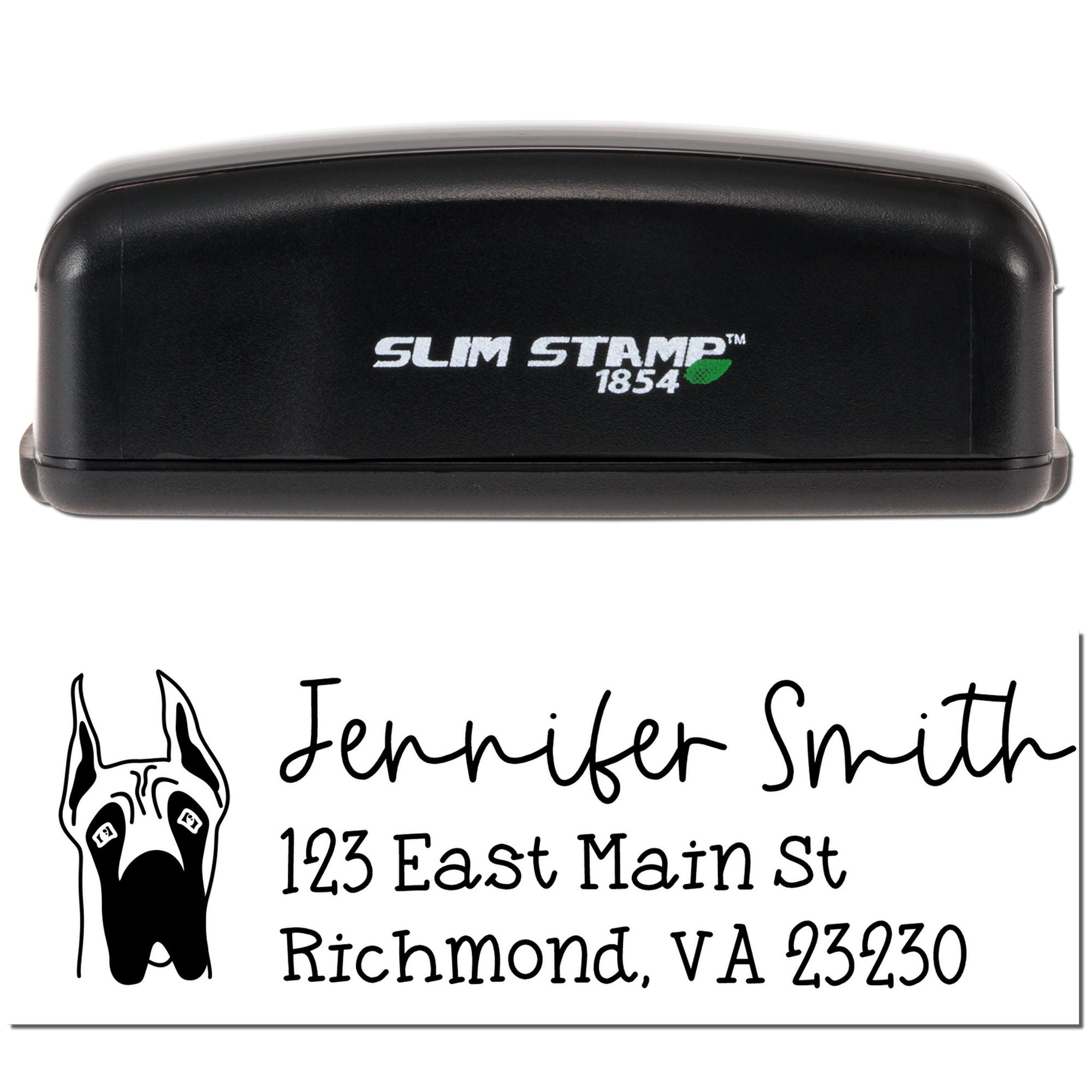 Custom self-inking rubber address stamp with dog logo, featuring Jennifer Smith return address, Richmond, VA 23230.