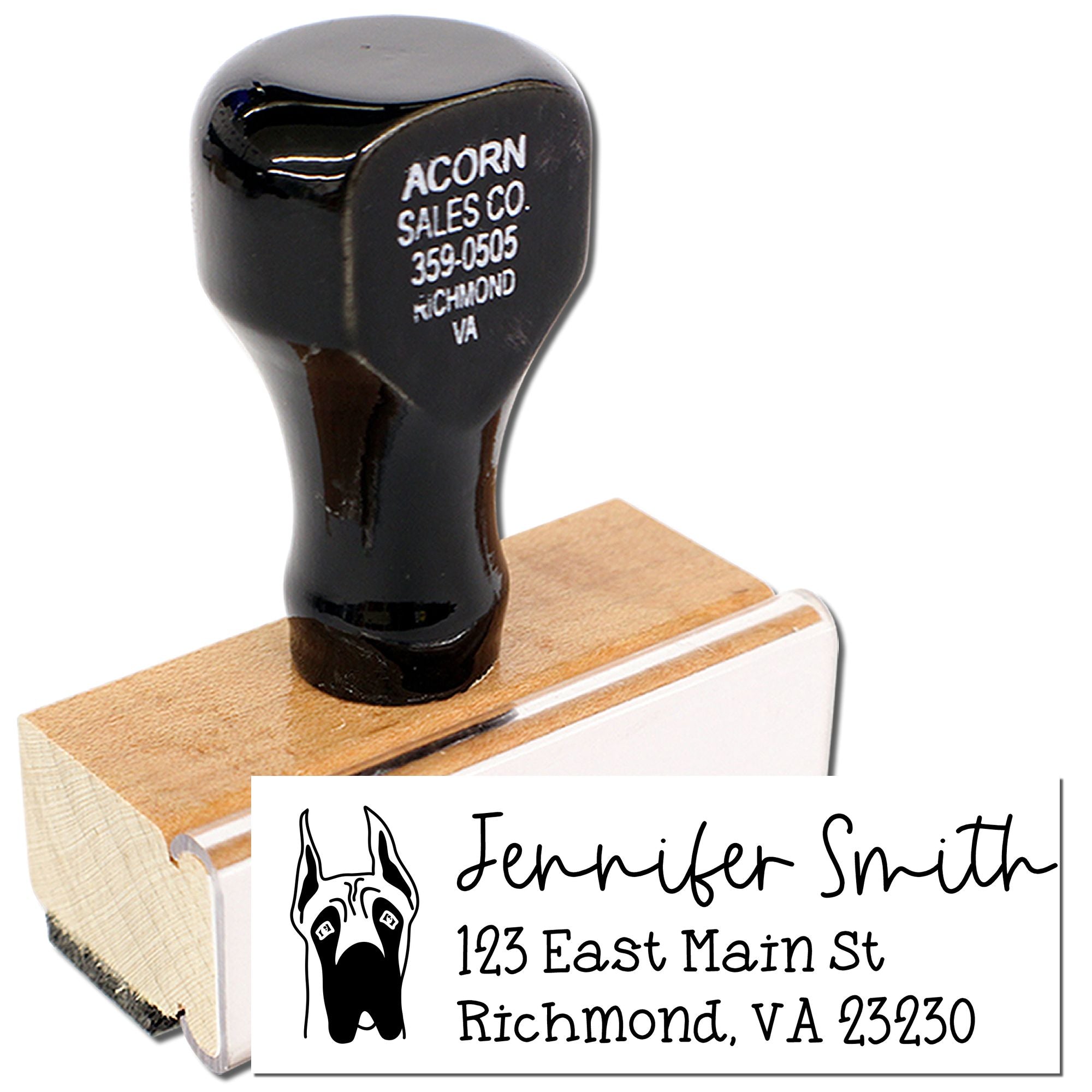 Custom rubber stamp with dog logo and Jennifer Smith address, ideal for personalized return address stamping.