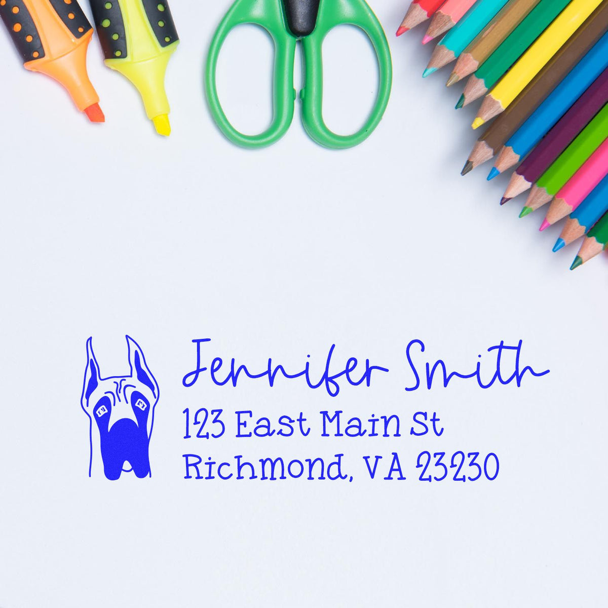 Custom rubber return address stamp with dog logo, ideal for personalized stationery and pet business mailings.
