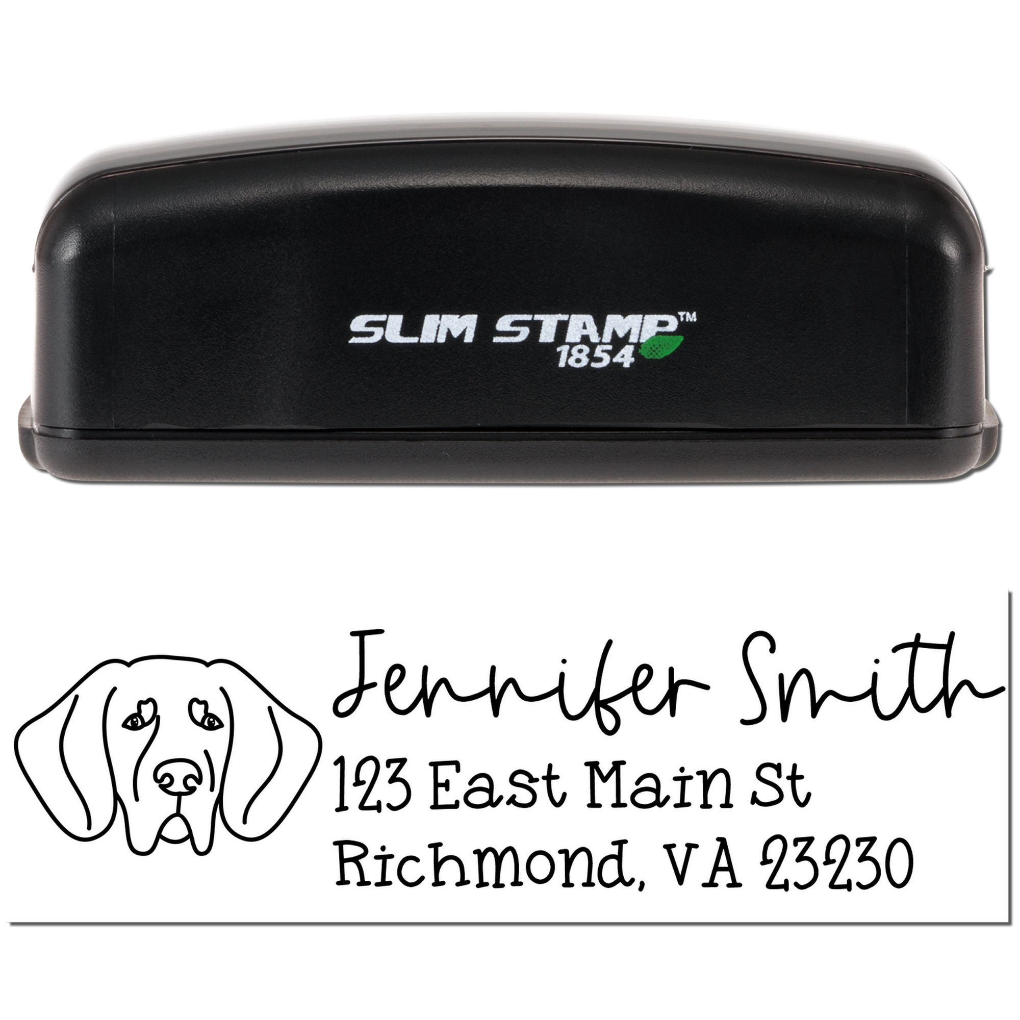 Slim Stamp self-inking rubber stamp with dog logo and custom return address for Jennifer Smith, Richmond, VA 23230