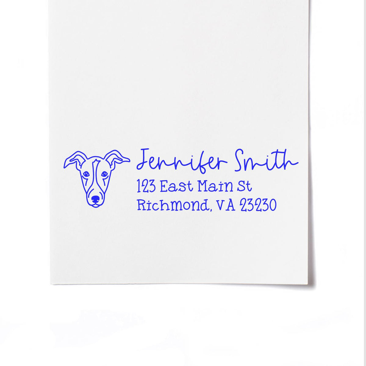 Personalized dog return address rubber stamp for Jennifer Smith, 123 East Main St, Richmond, VA 23230