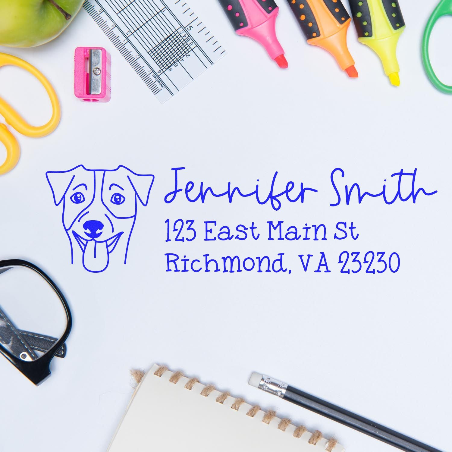 Custom dog address rubber stamp with name and mailing address, perfect for personalized return address labels and stationery.
