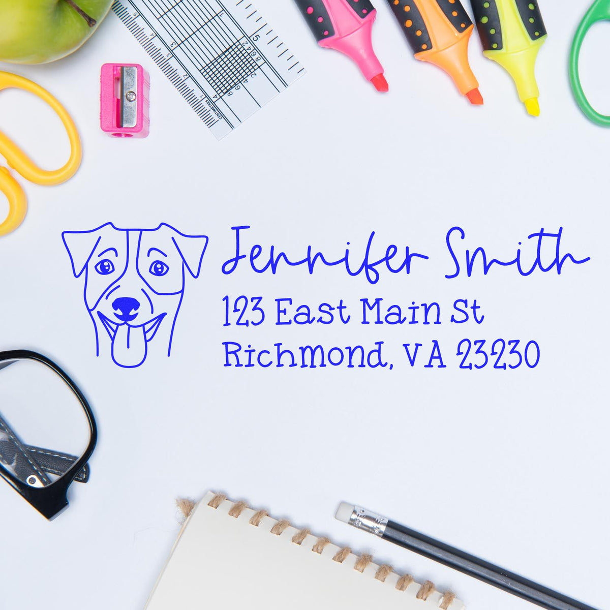 Custom rubber stamp design with dog logo, name, and address for personalized return address use.