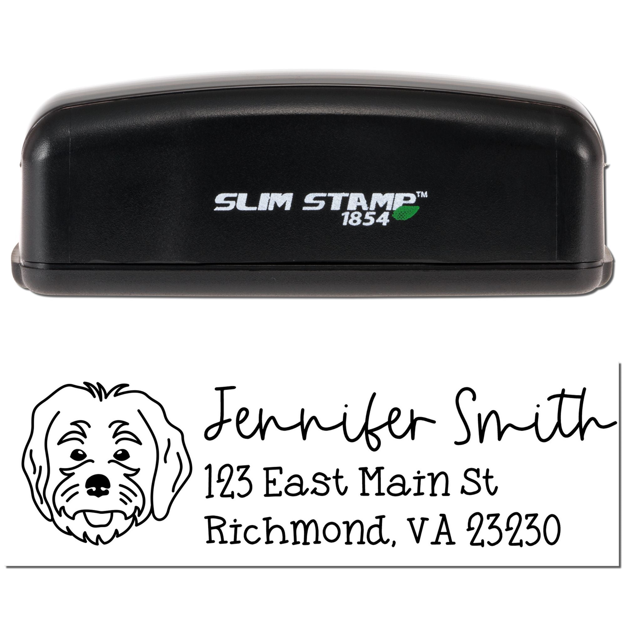 Slim Stamp self-inking custom rubber address stamp for Jennifer Smith, with dog logo and Richmond, VA return address.