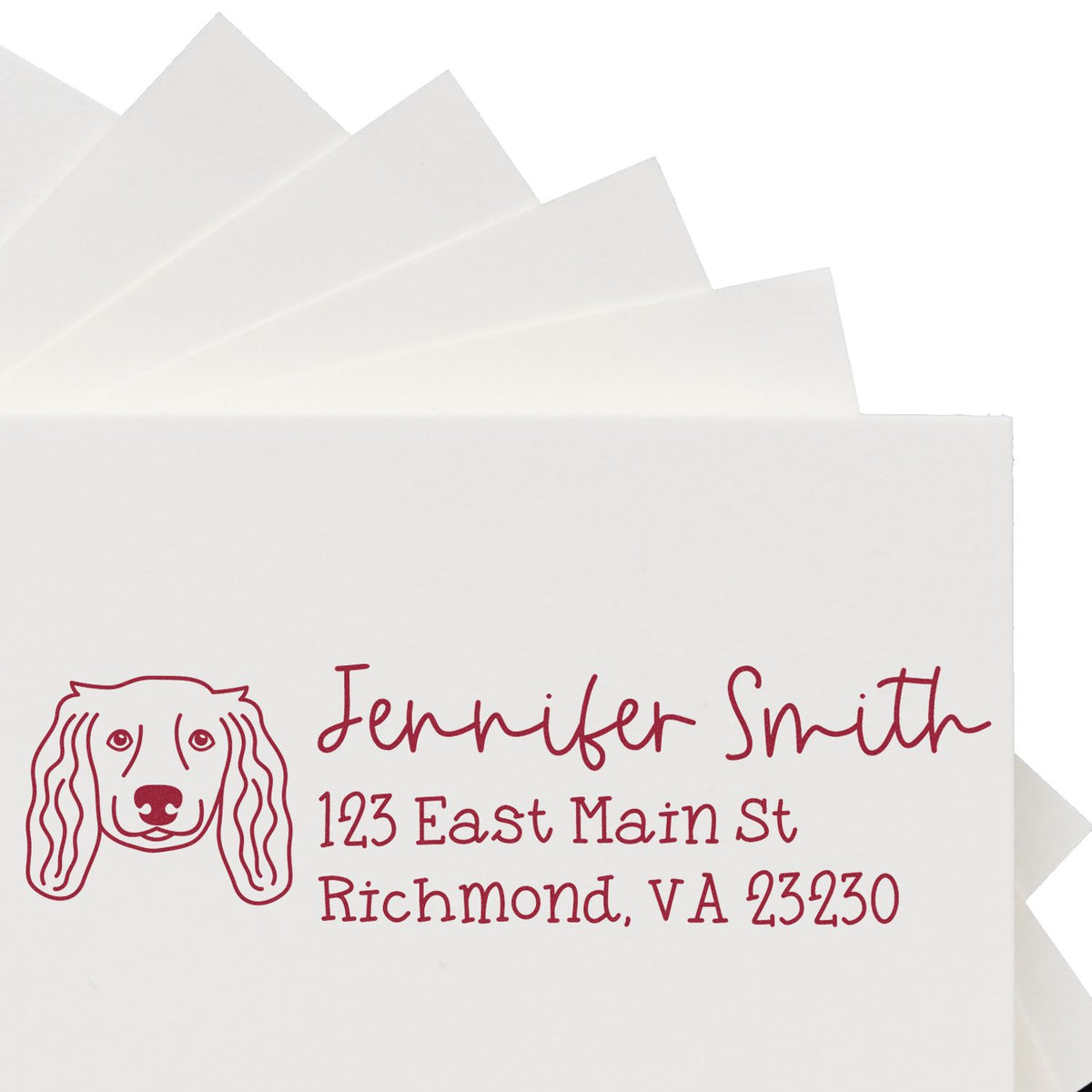 Personalized dog return address rubber stamp with name and address for envelopes, invitations, and stationery.
