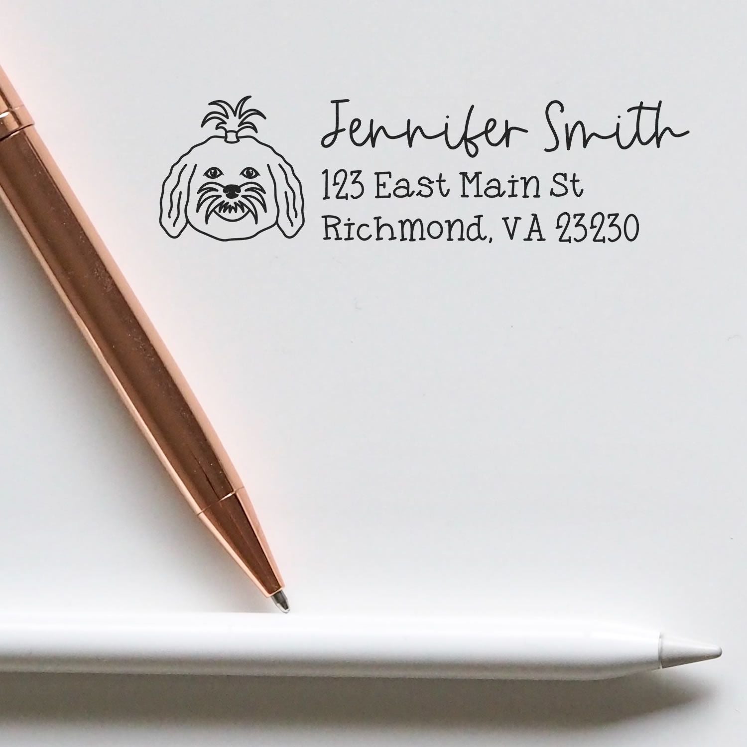 Personalized dog return address rubber stamp with Jennifer Smiths Richmond, VA mailing address