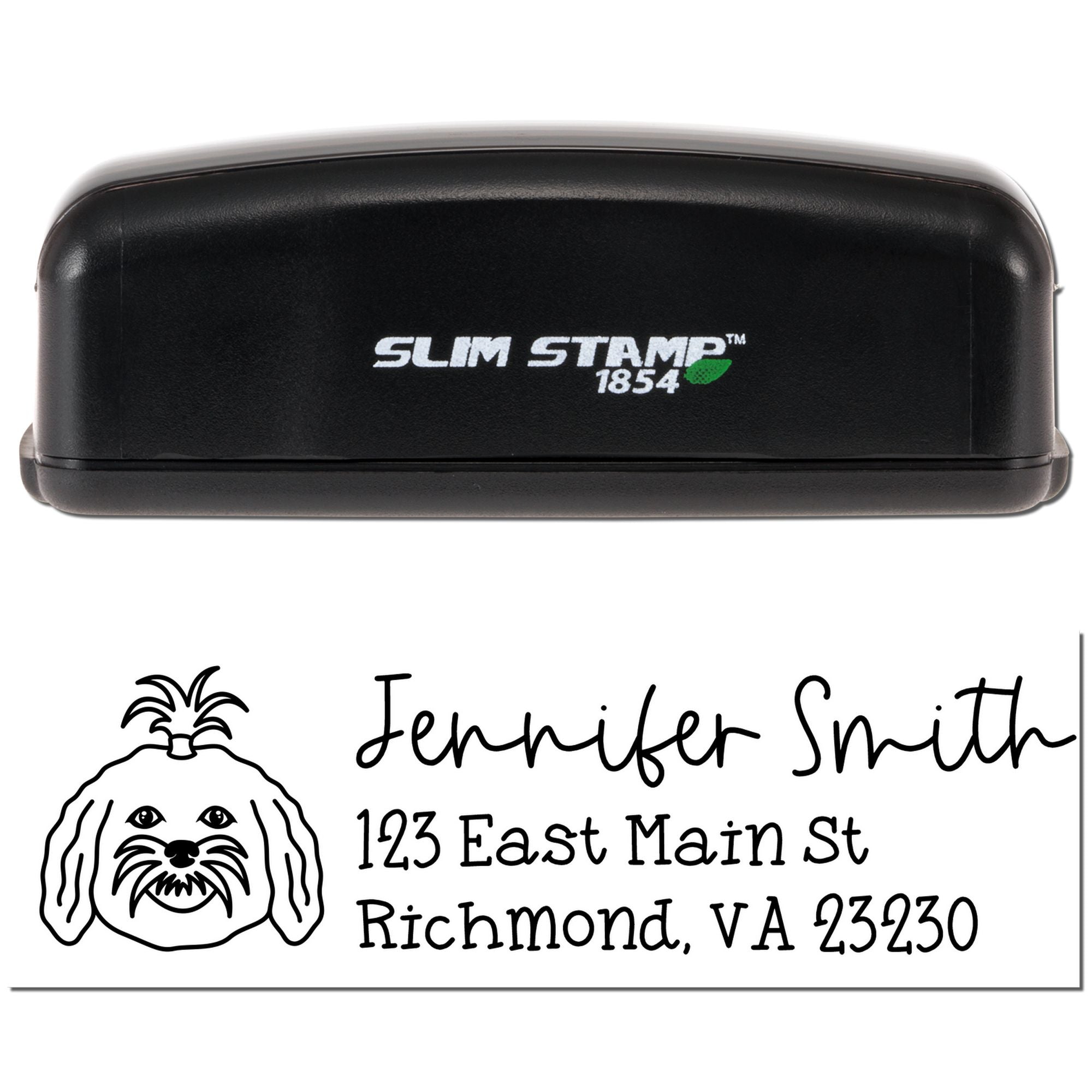 Slim Stamp 1854 custom self-inking address rubber stamp with dog illustration for Jennifer Smith, Richmond, VA 23230