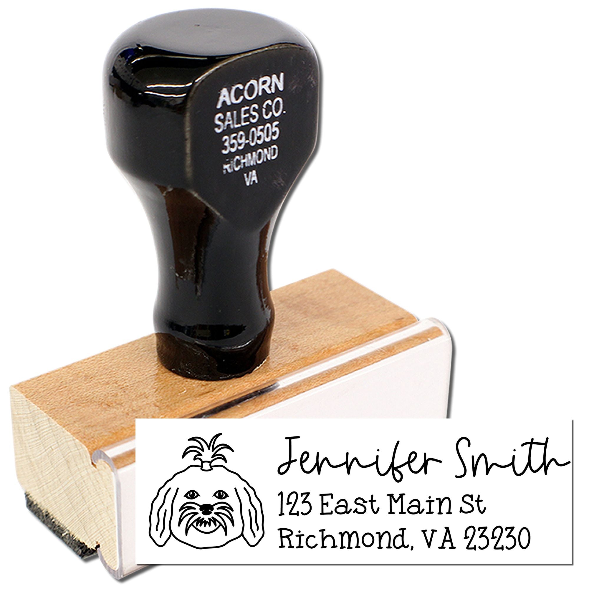 Custom self-inking rubber address stamp with dog logo for Jennifer Smith, Richmond, VA.