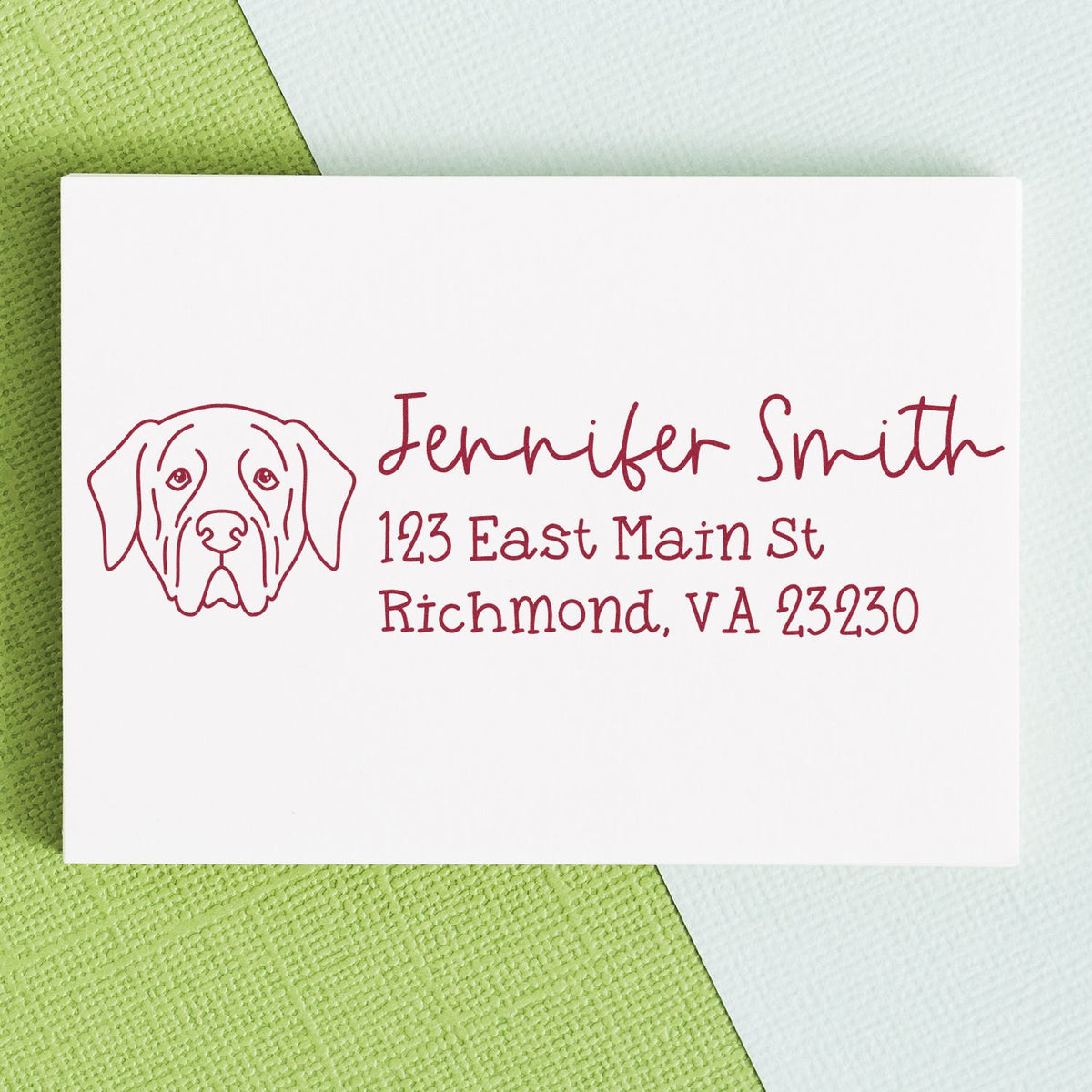 Personalized dog address rubber stamp for Jennifer Smith, Richmond, VA return address stamp on white card