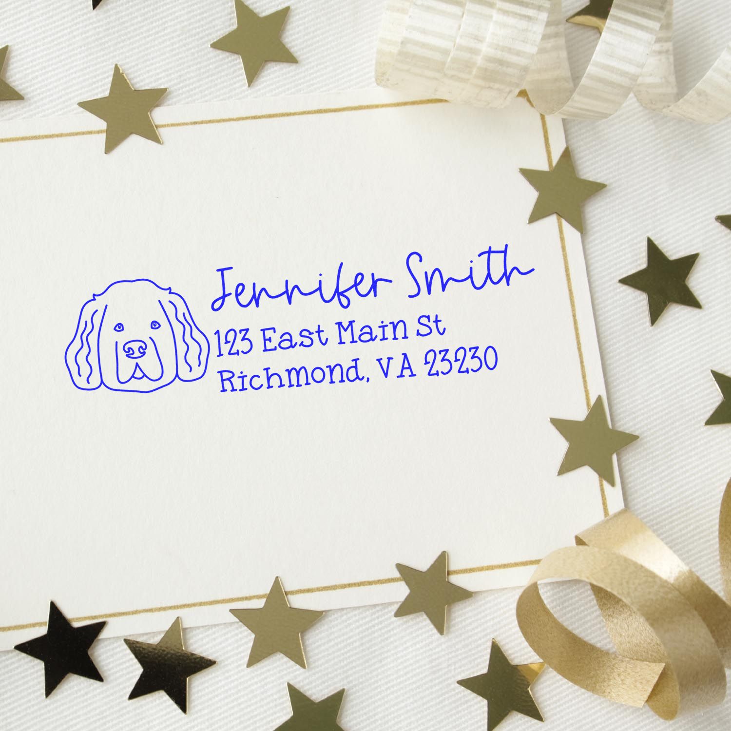 Custom dog address rubber stamp with name and return address for personalized envelopes and pet-themed stationery